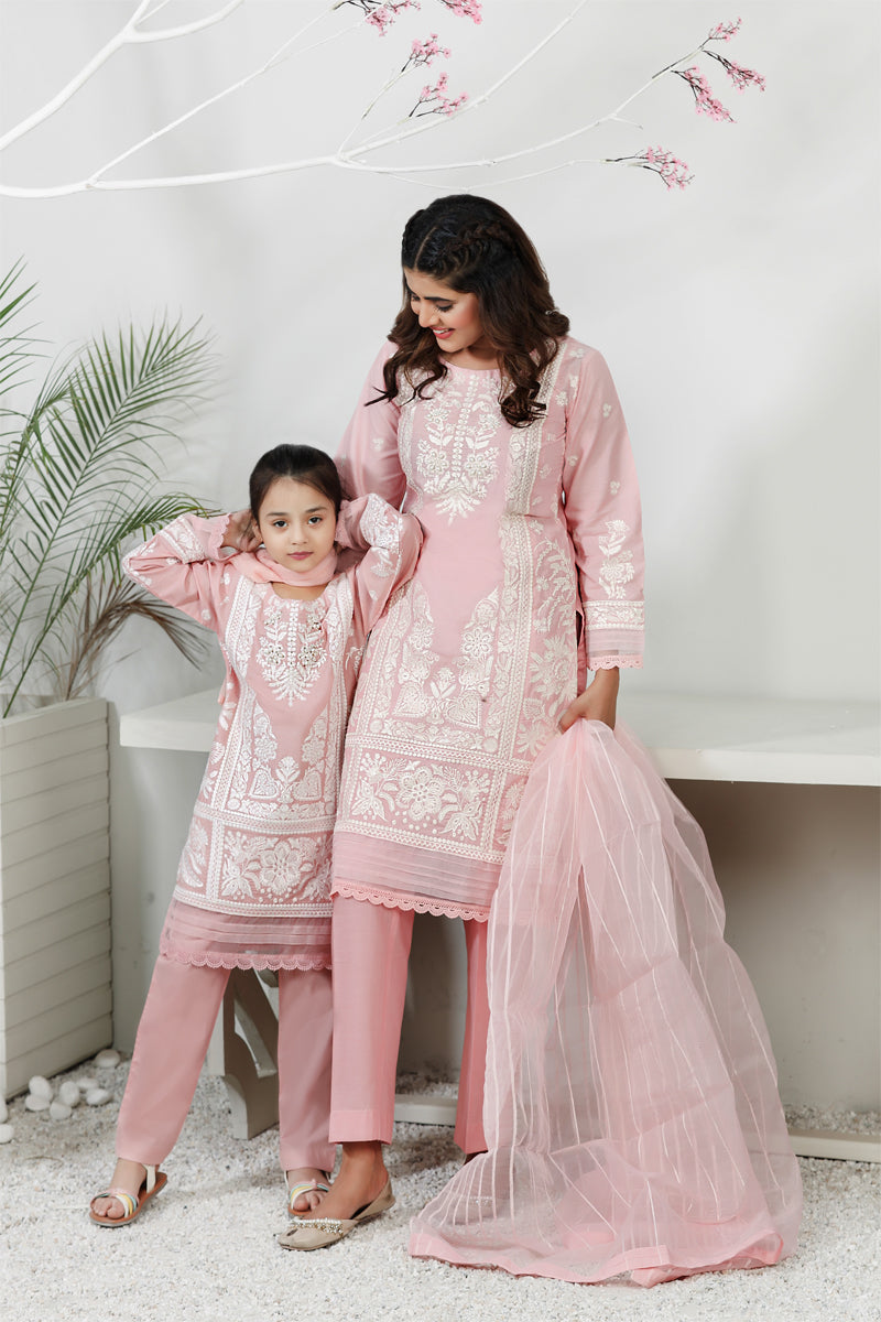Simrans Mummy & Me Girls Cotton Eid Suit Pink - Desi Posh
