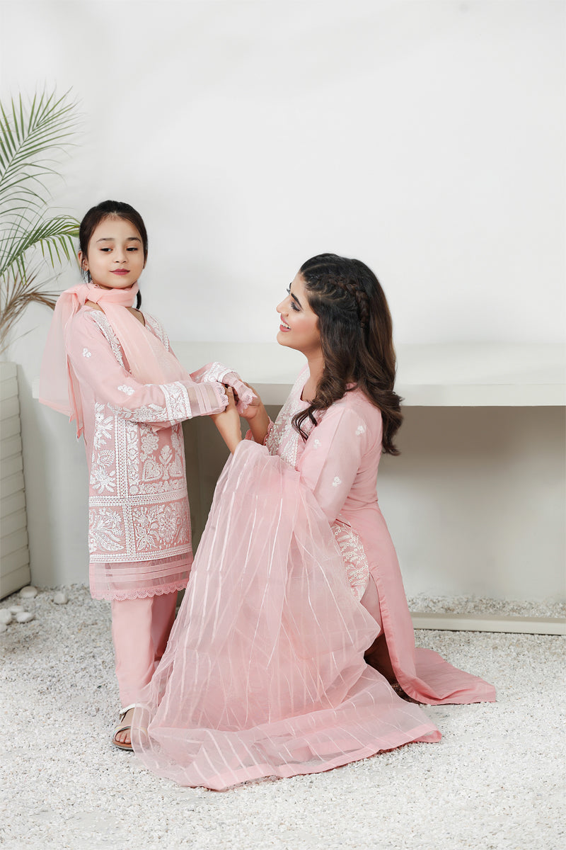 Simrans Mummy & Me Girls Cotton Eid Suit Pink - Desi Posh