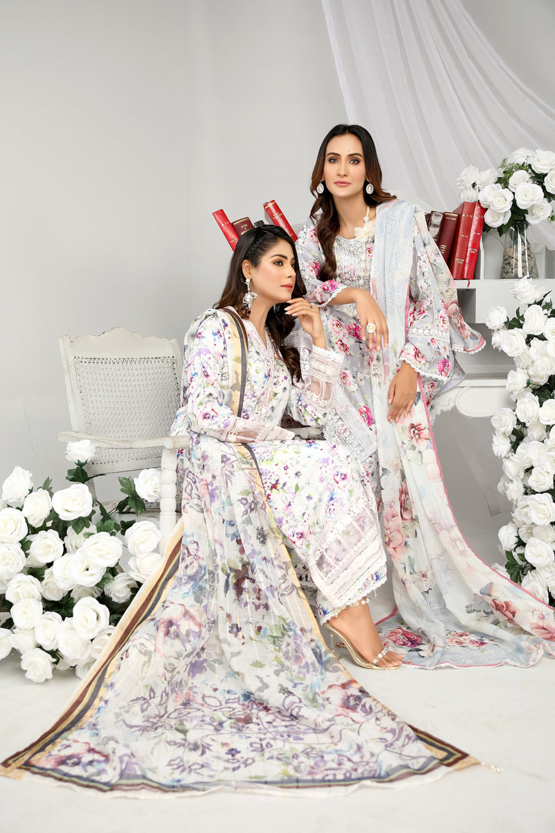 Floral Eid Suit With Digital Print Net Dupatta SHR1 - Desi Posh