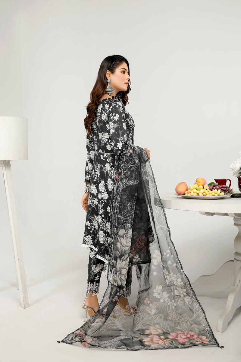 Floral Eid Suit With Digital Print Net Dupatta SHR4 - Desi Posh