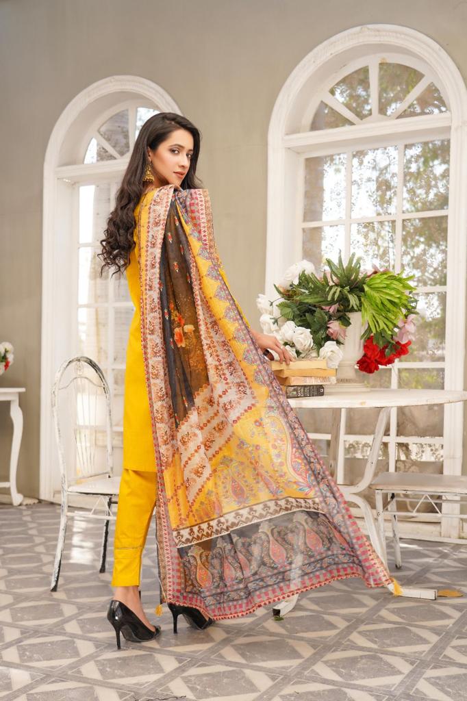 Bin Saeed Mustard 3 Piece Suit with Organza Dupatta - Desi Posh