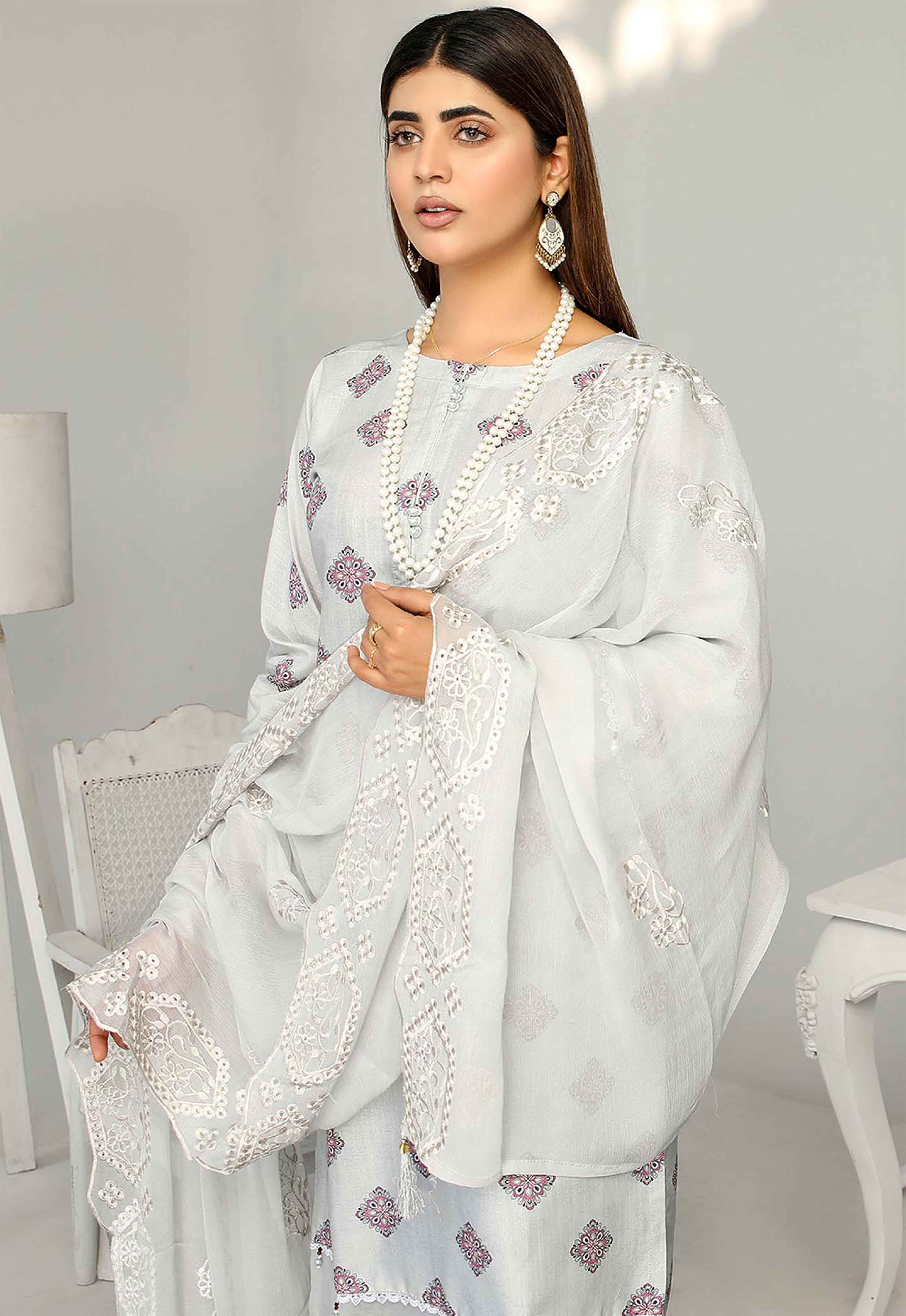 Grey Floral Salwar Suit With Embroidered Chiffon Dupatta SM04 - Desi Posh