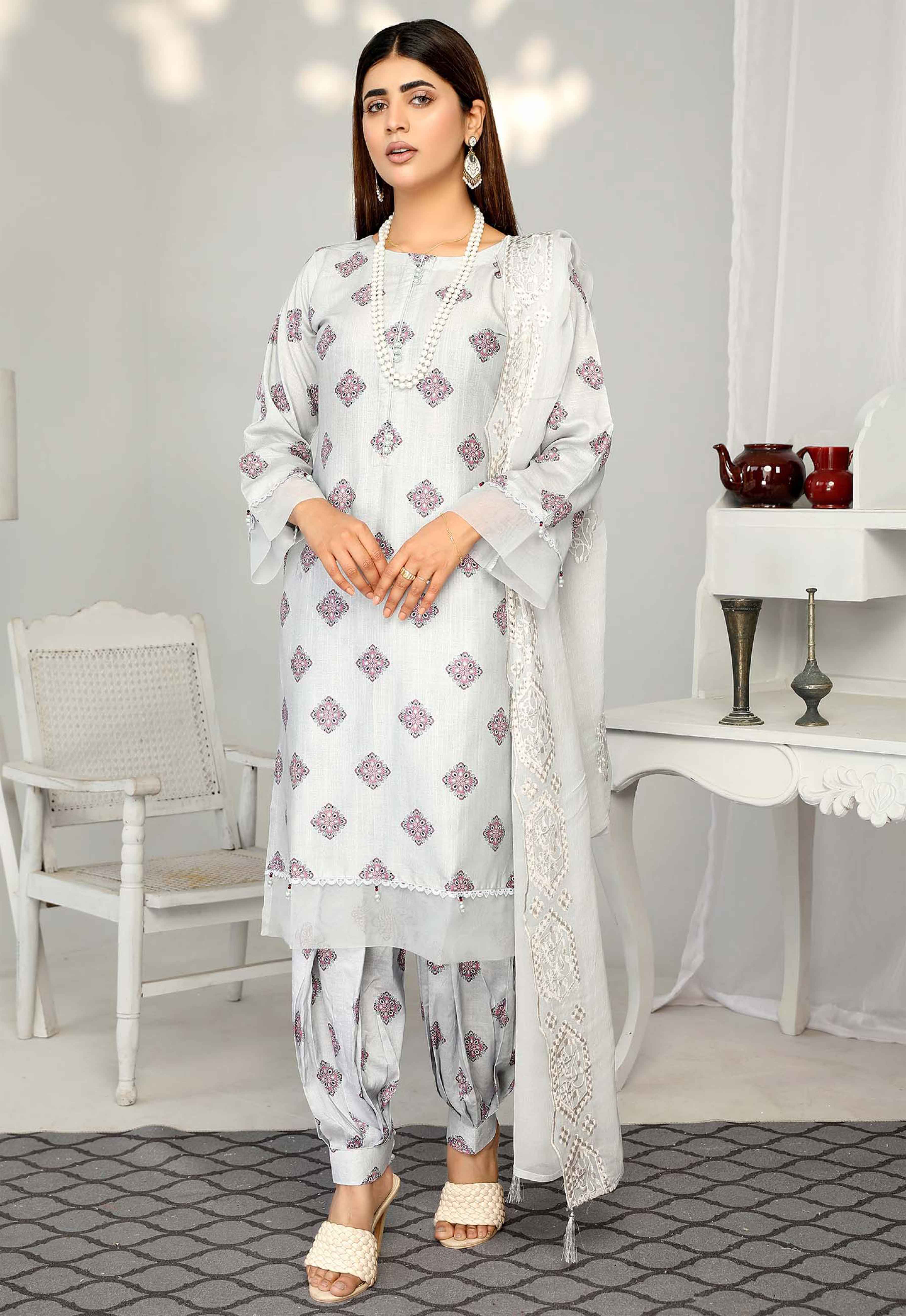 Grey Floral Salwar Suit With Embroidered Chiffon Dupatta SM04 - Desi Posh