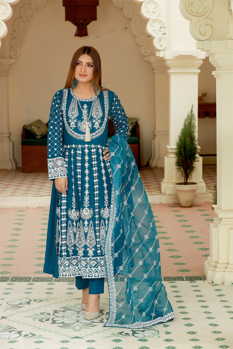 Teal Ladies Long Dress Mirror Outfit with Net Dupatta - Desi Posh