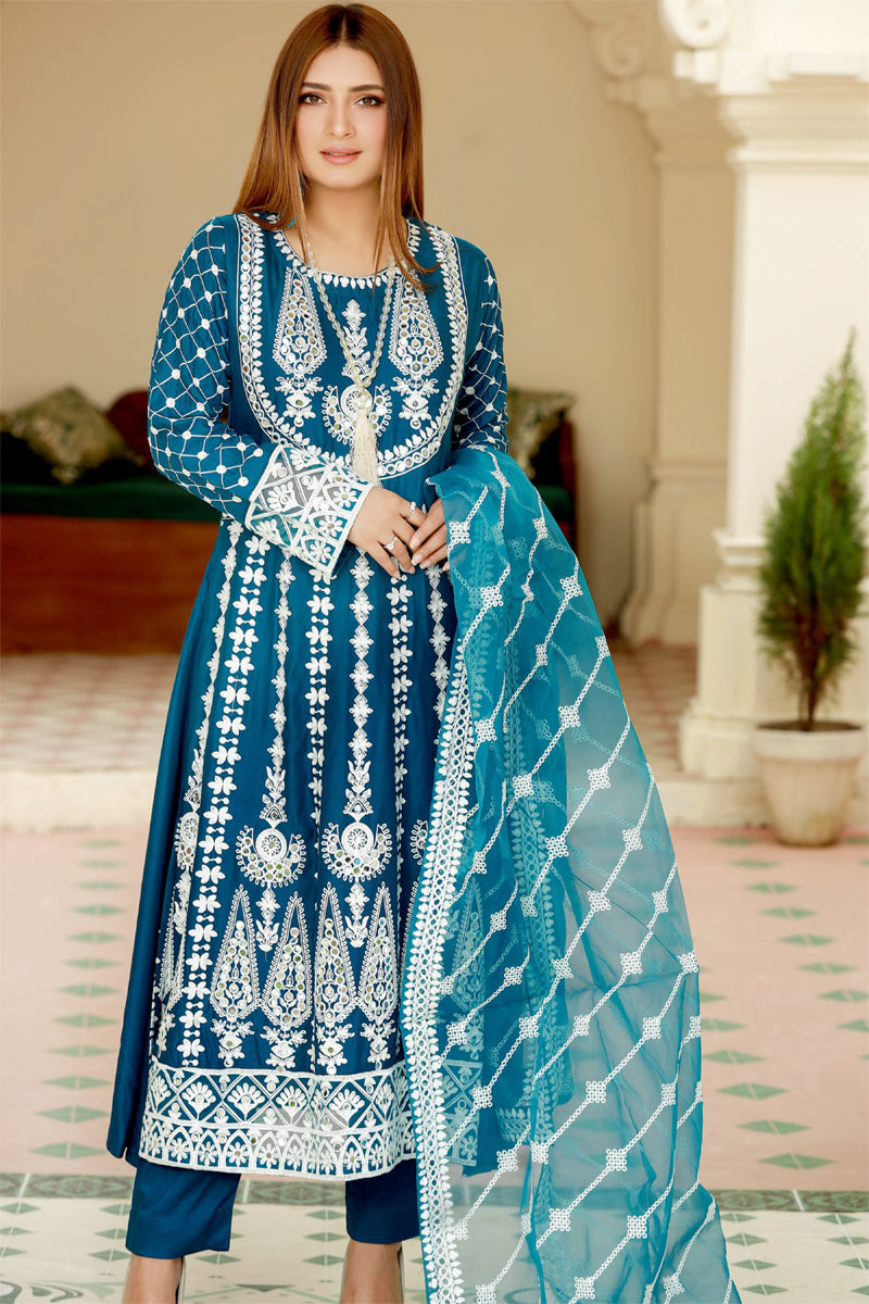 Teal Ladies Long Dress Mirror Outfit with Net Dupatta - Desi Posh