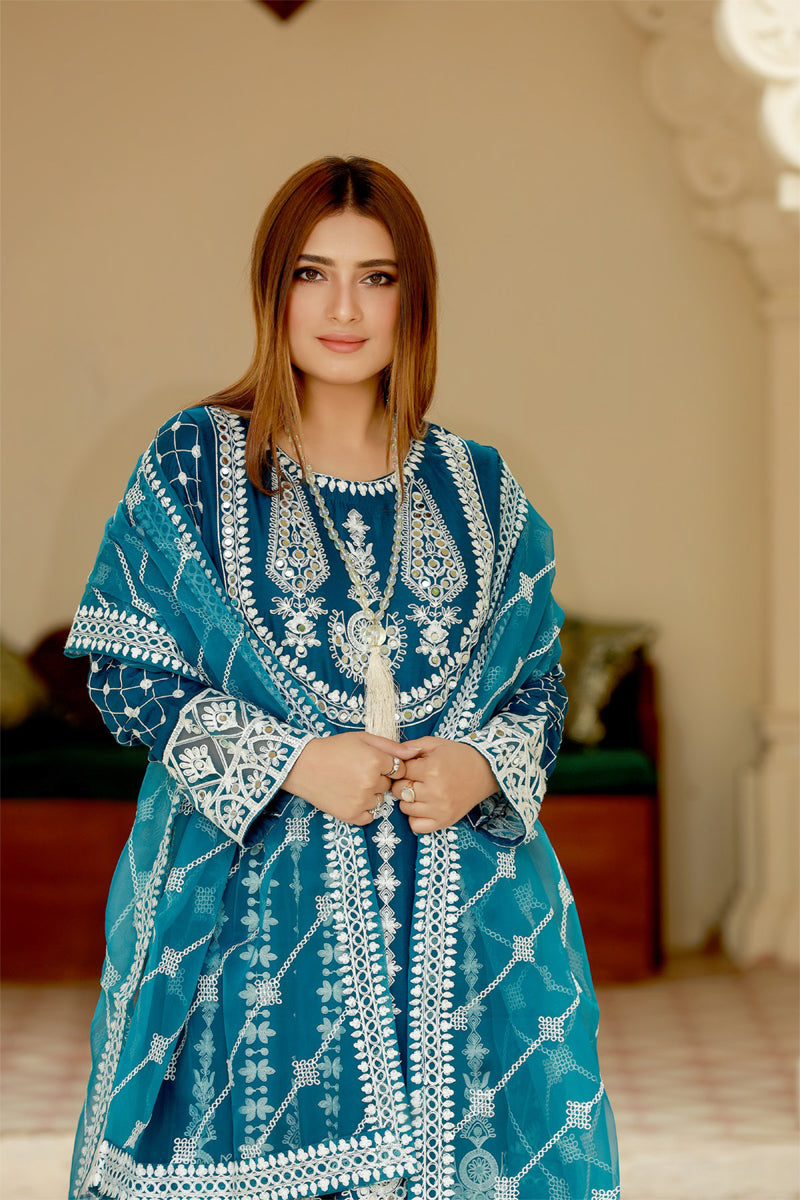 Teal Ladies Long Dress Mirror Outfit with Net Dupatta - Desi Posh