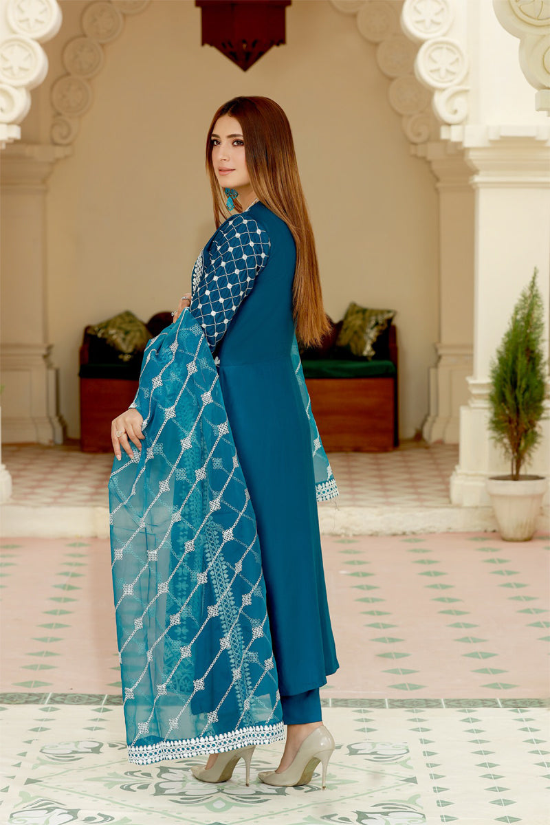 Teal Ladies Long Dress Mirror Outfit with Net Dupatta - Desi Posh