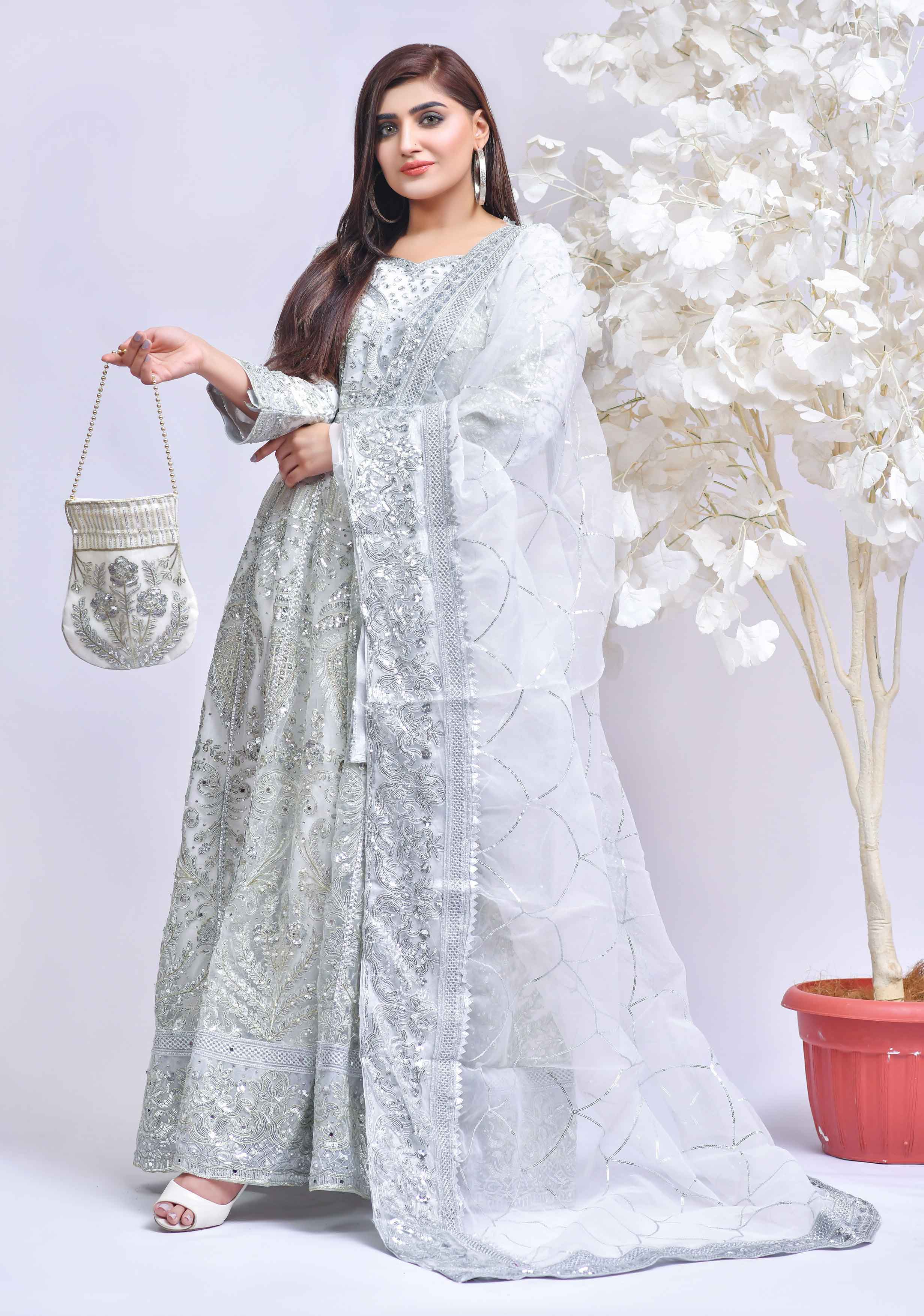 Simrans Designer Formal White Ladies Long Gown Suit - Desi Posh