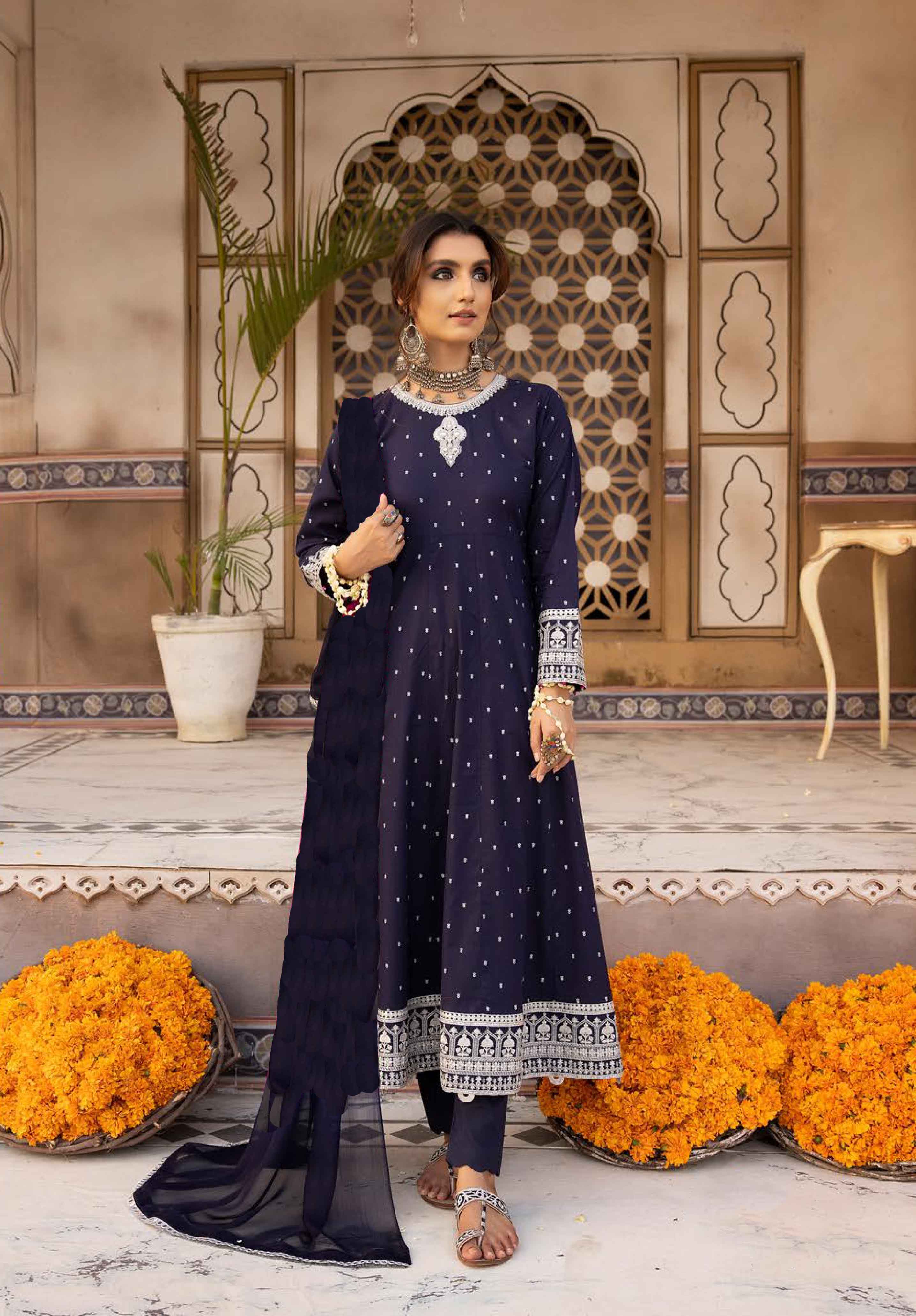 Simrans 3 Piece Linen Long Navy Blue Dress Suit - Desi Posh