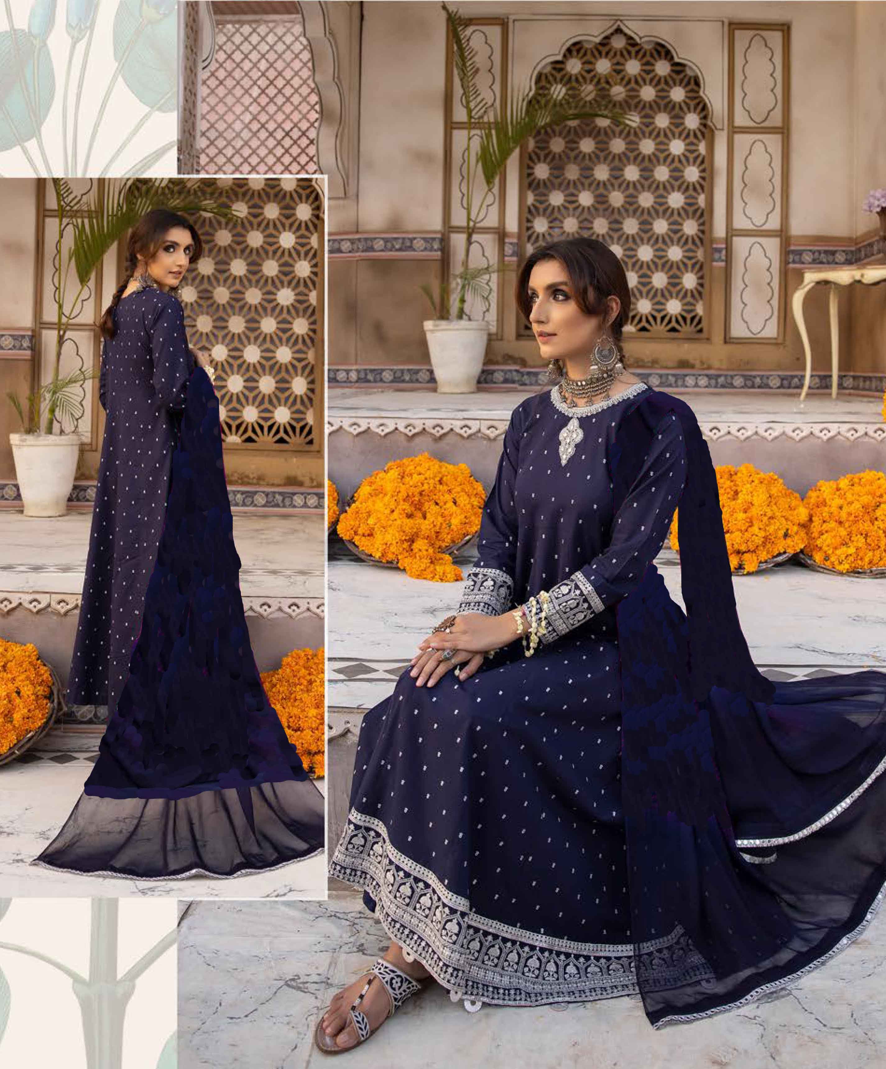 Simrans 3 Piece Linen Long Navy Blue Dress Suit - Desi Posh
