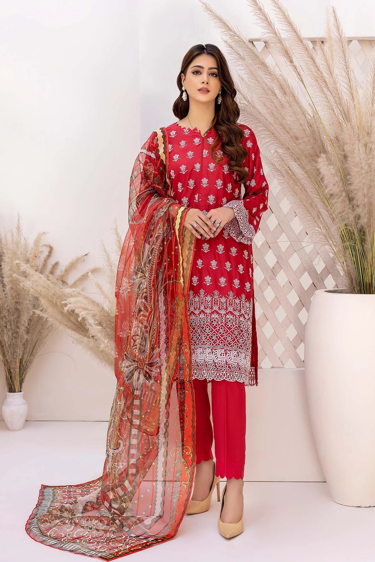 Adan's Libas 3 Piece Shiffli Embroidered Linen Amber Red - Desi Posh