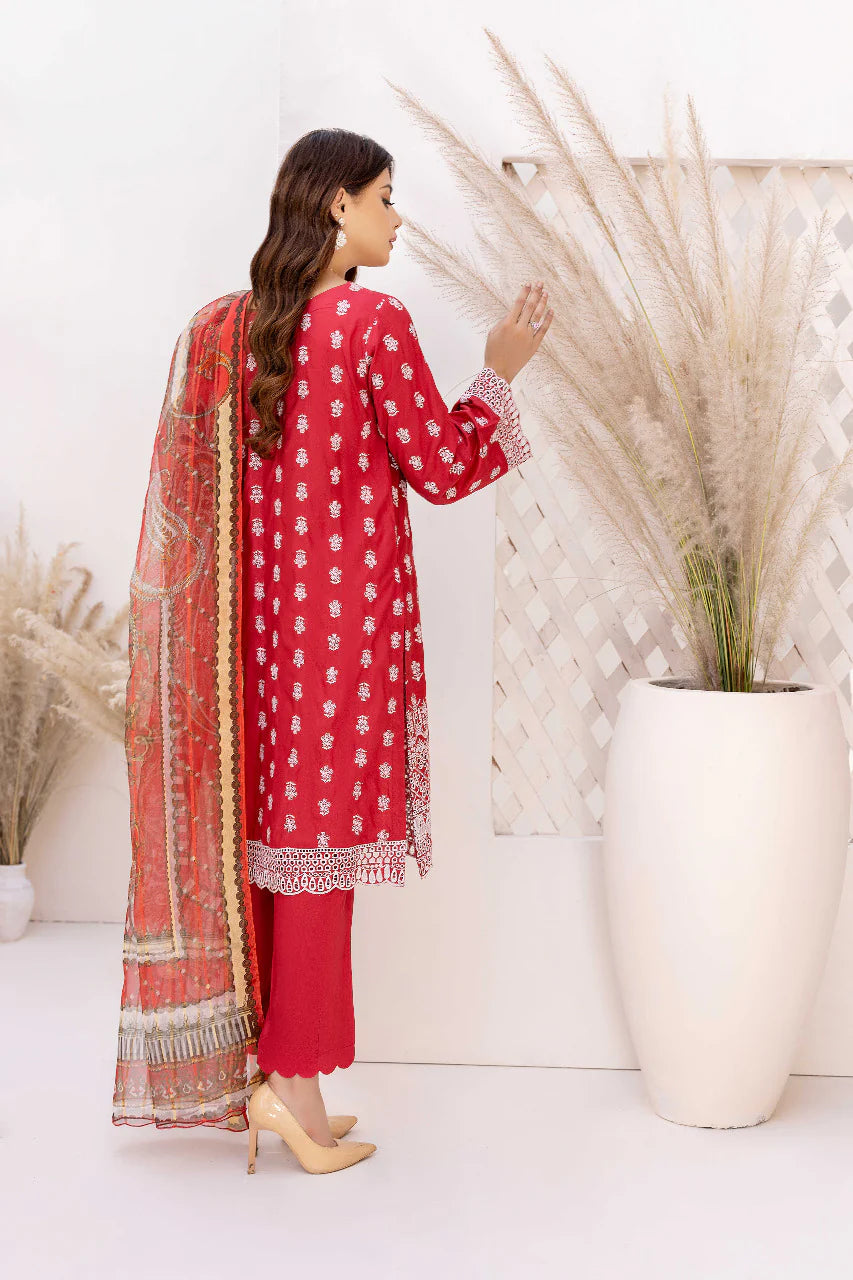 Adan's Libas 3 Piece Shiffli Embroidered Linen Amber Red - Desi Posh
