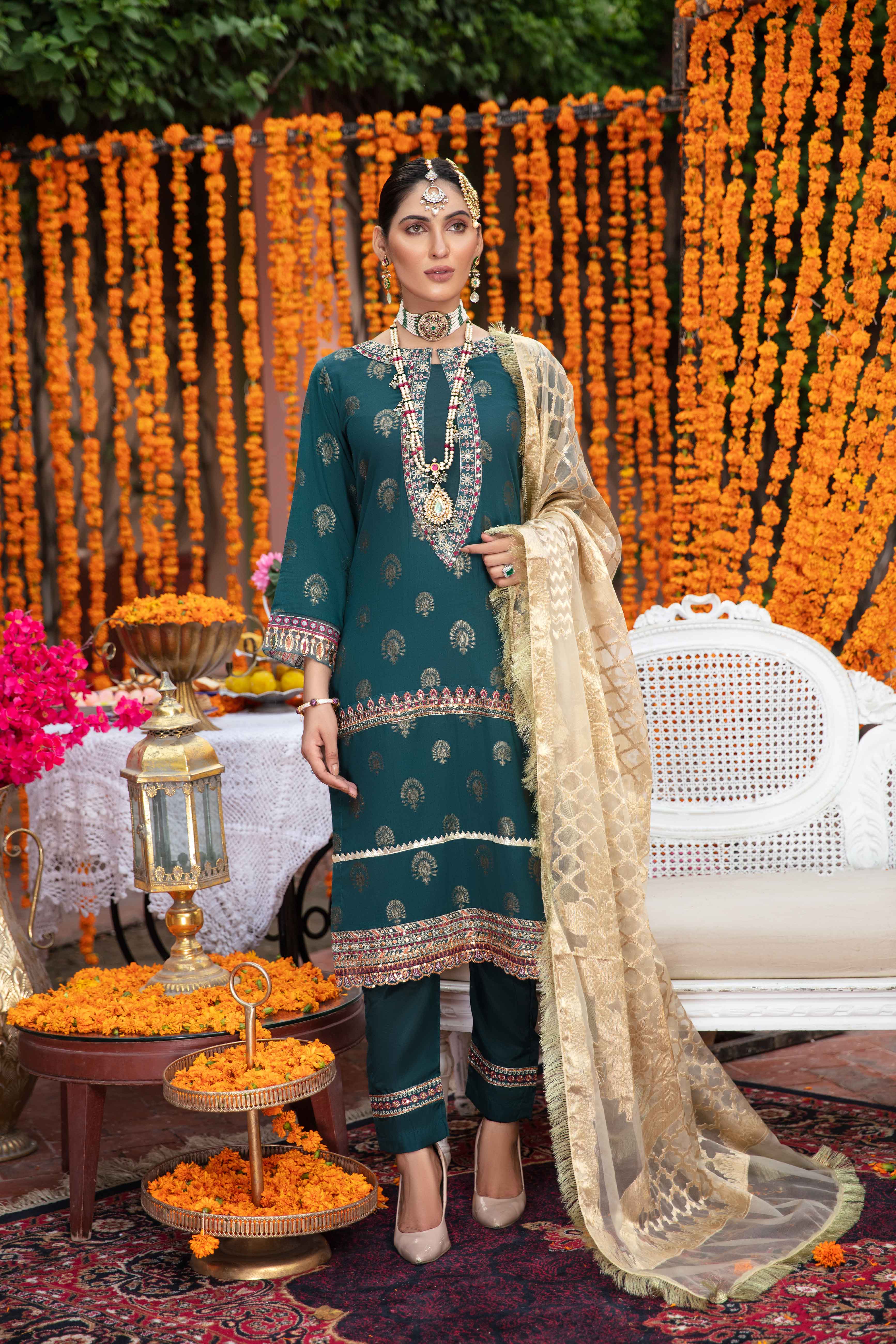 Ivana Ladies Emerald Green Jacquard Mummy & Me Outfit 3147 - Desi Posh