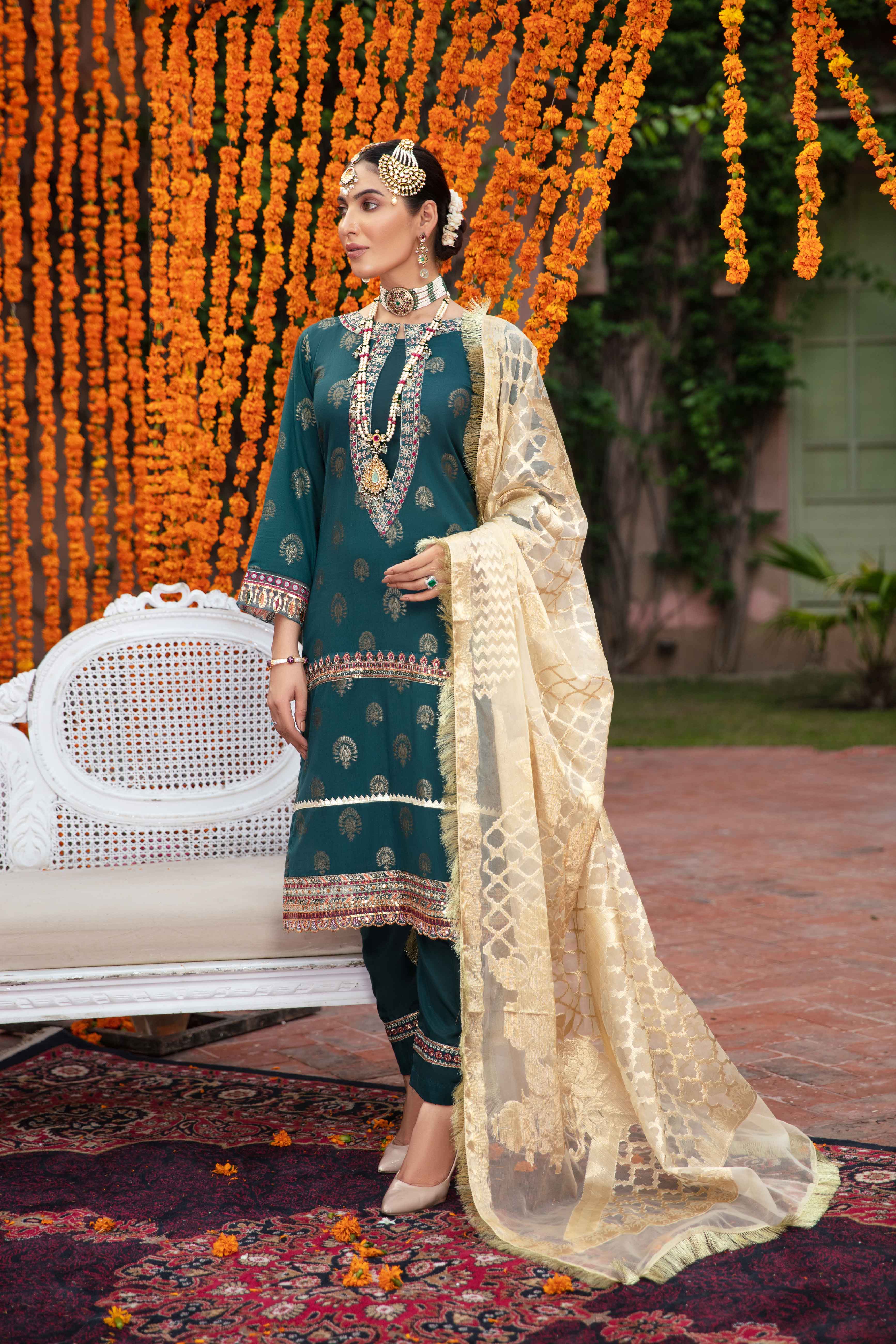 Ivana Ladies Emerald Green Jacquard Mummy & Me Outfit 3147 - Desi Posh