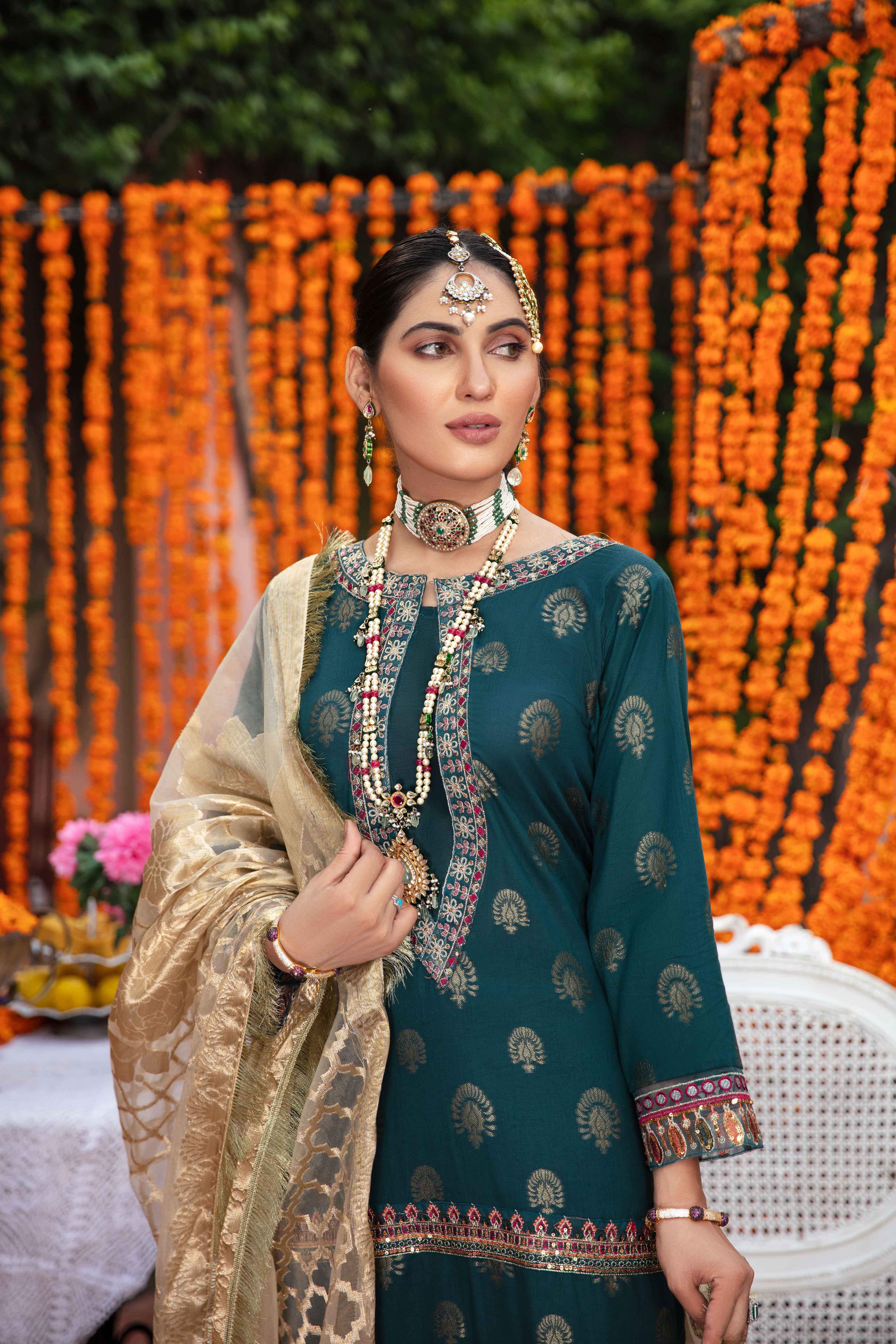 Ivana Ladies Emerald Green Jacquard Mummy & Me Outfit 3147 - Desi Posh