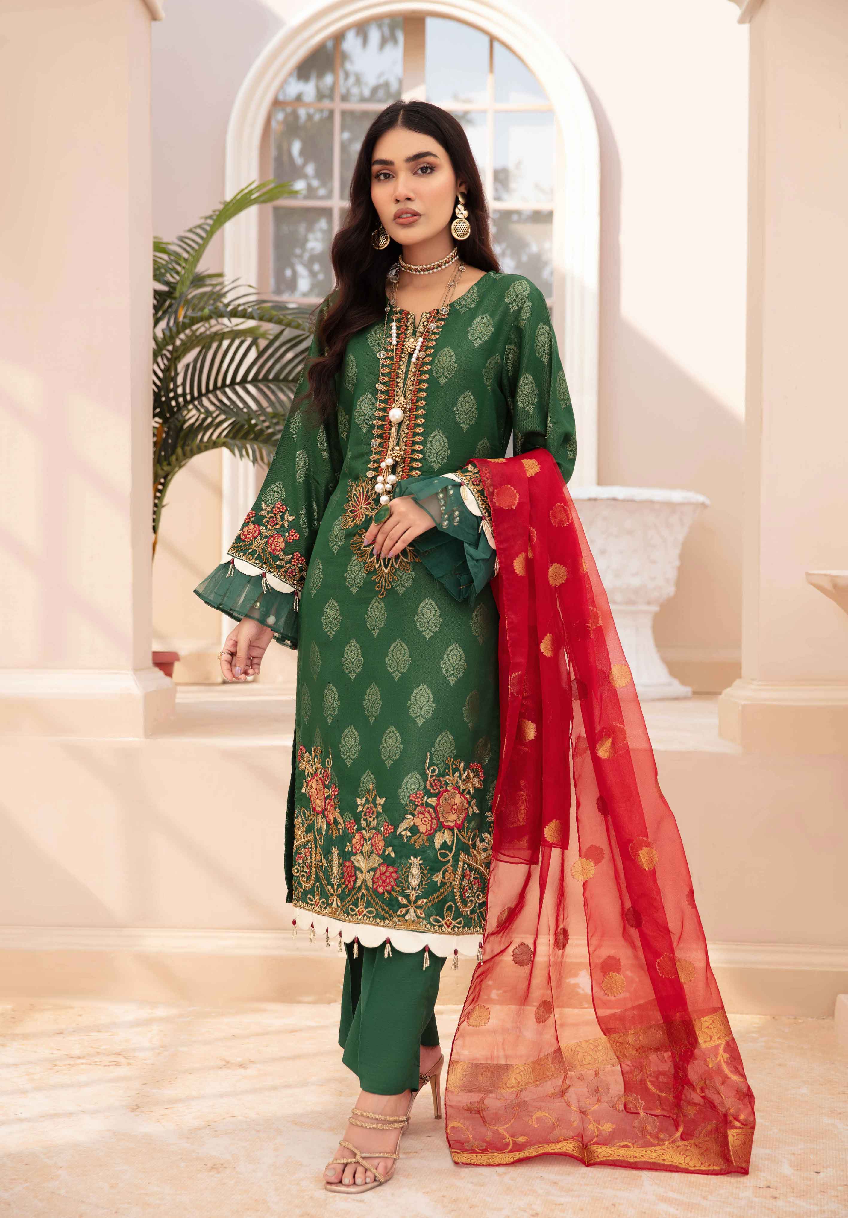 Afreen Ladies Green Jacquard Mummy & Me Outfit RCH04 Desi Posh