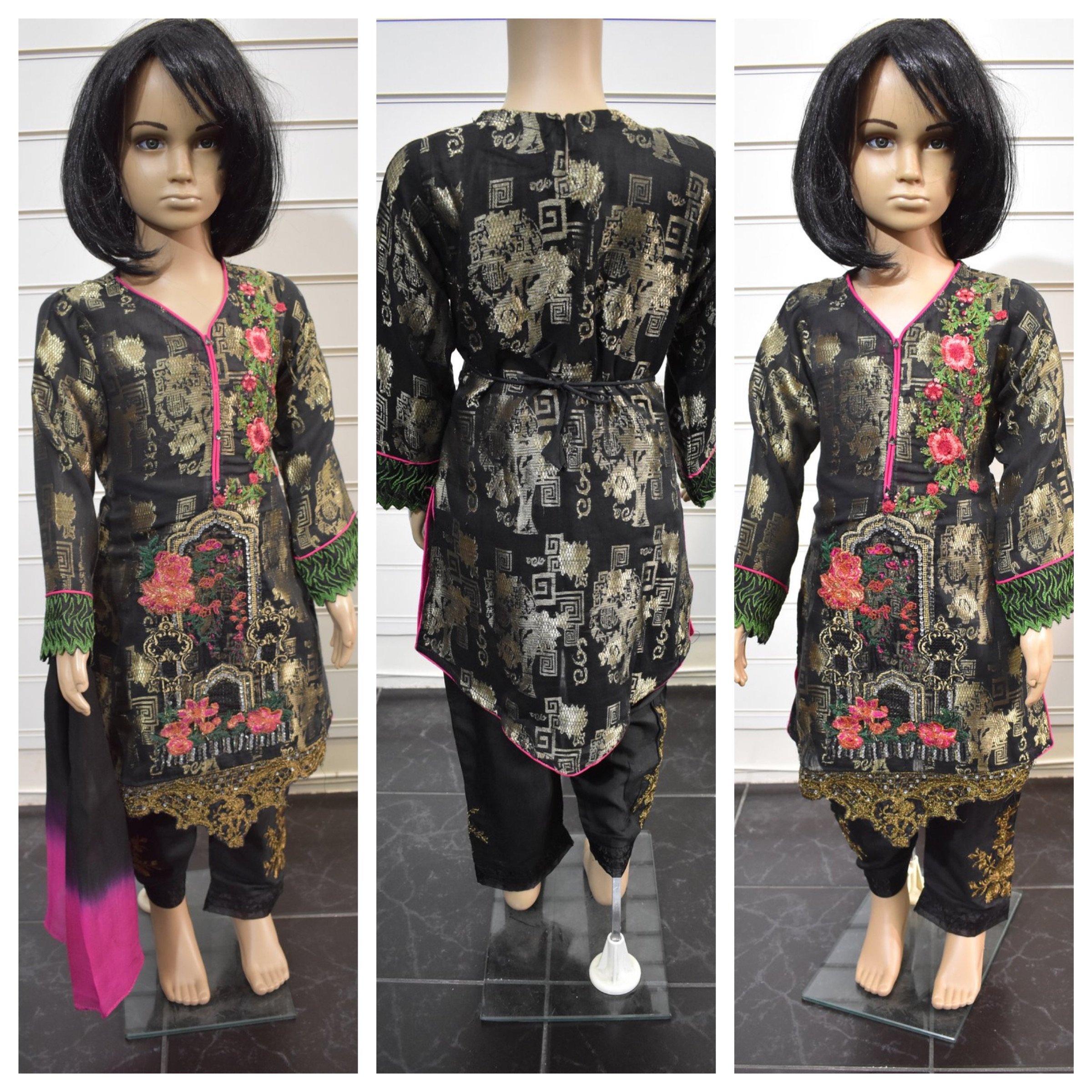 Agha Noor inspired 3 piece kids Jacquard outfit with Embroidered Capri Trousers - Desi Posh