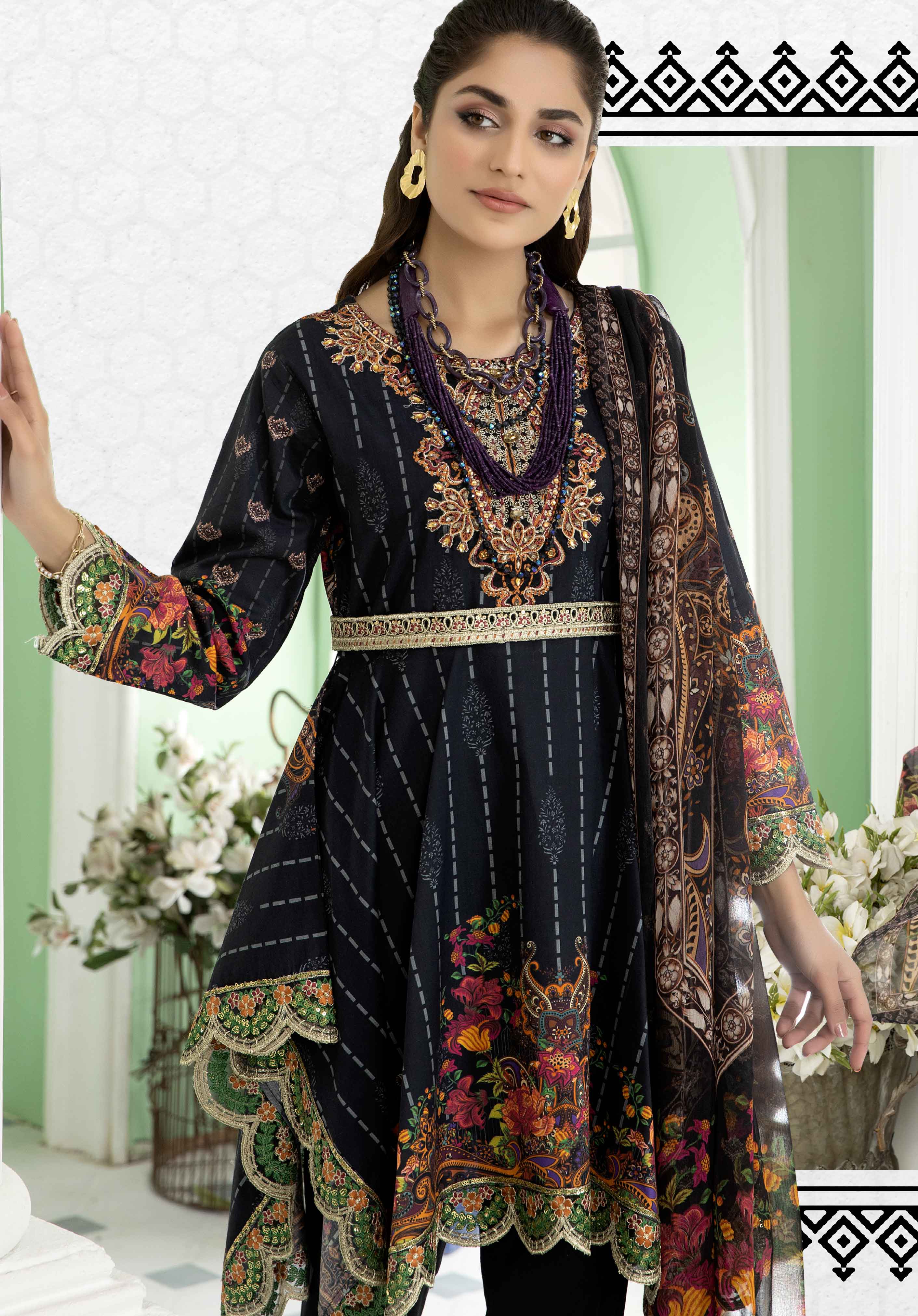 Arzoo Digital Print Frock Outfit with Embroidered Trousers SL19 Desi Posh