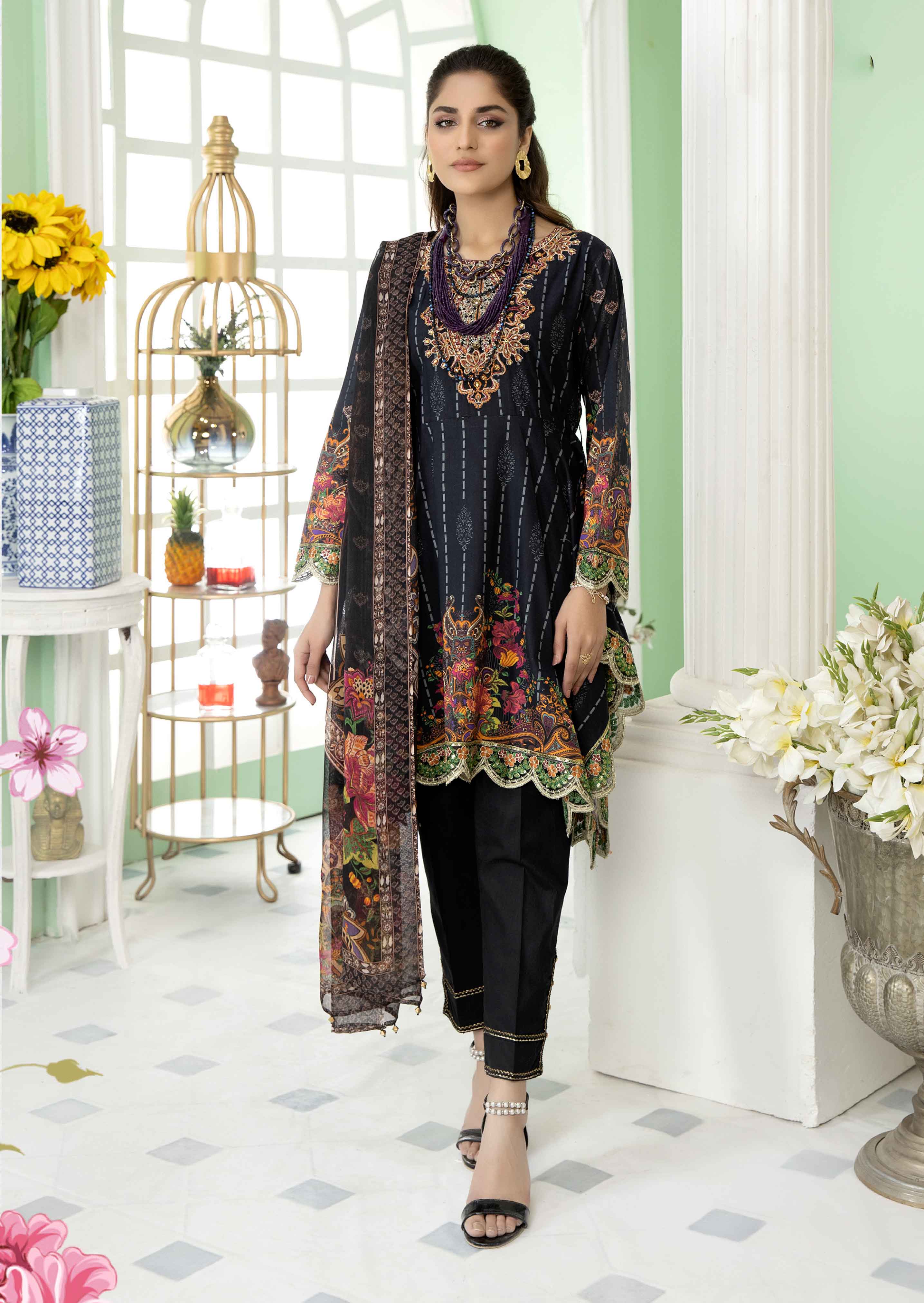Arzoo Digital Print Frock Outfit with Embroidered Trousers SL19