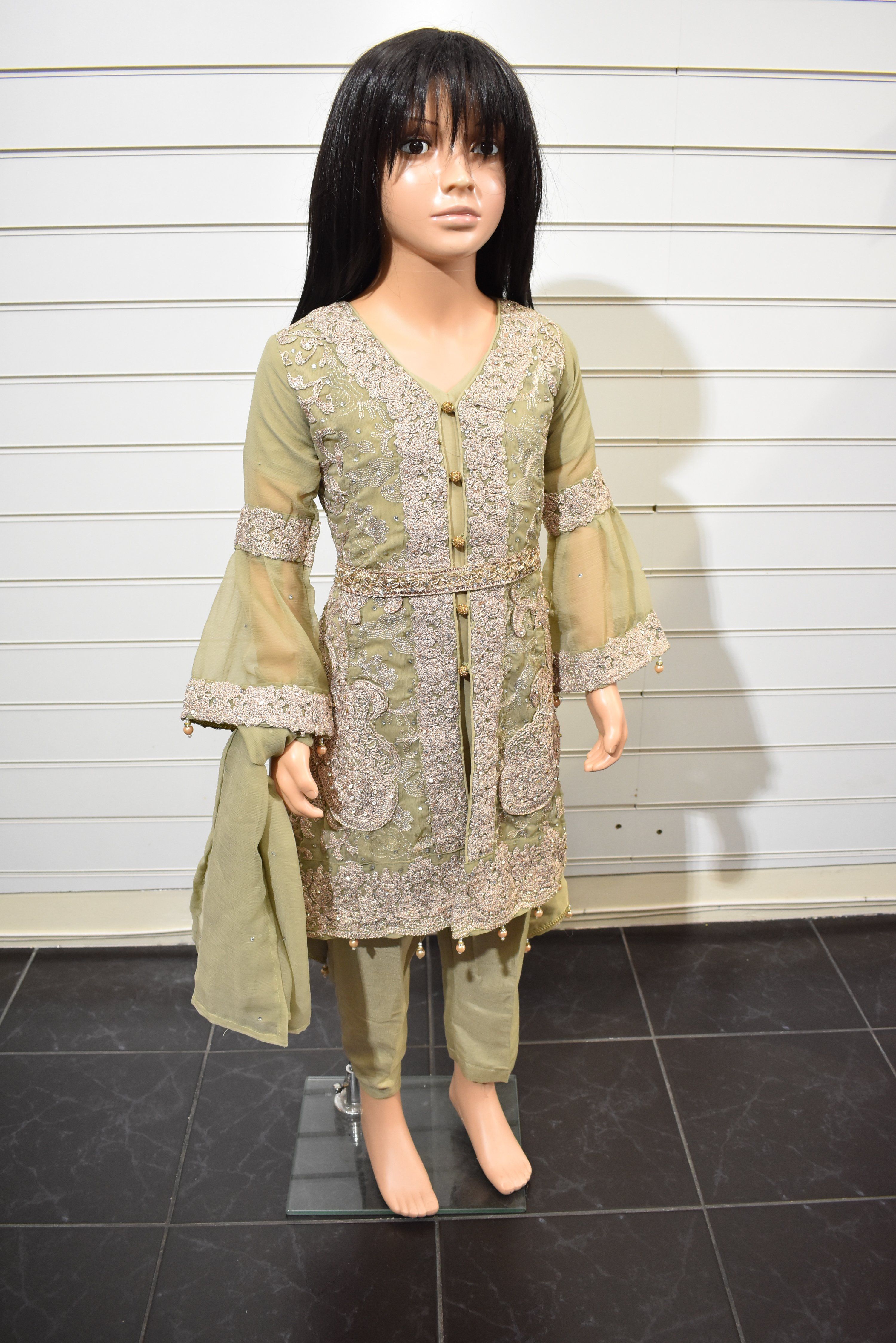 Asim Jofa Inspired Chifon Jacket Style Kids Wedding Light Green Outfit DesiP 
