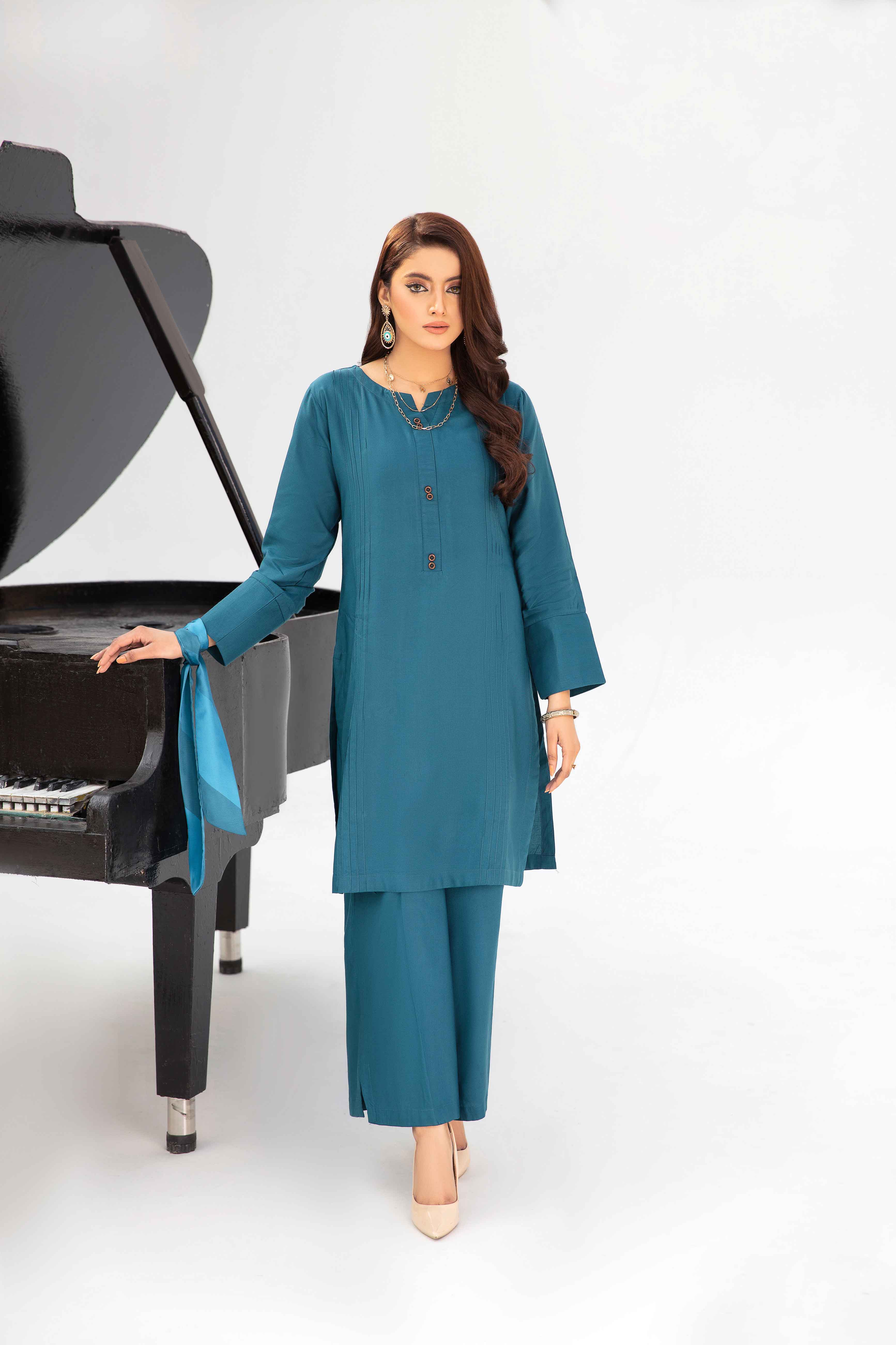 Spring Linen 3 Piece Co-ord Set in Teal With Neck tie Scarf - Desi Posh