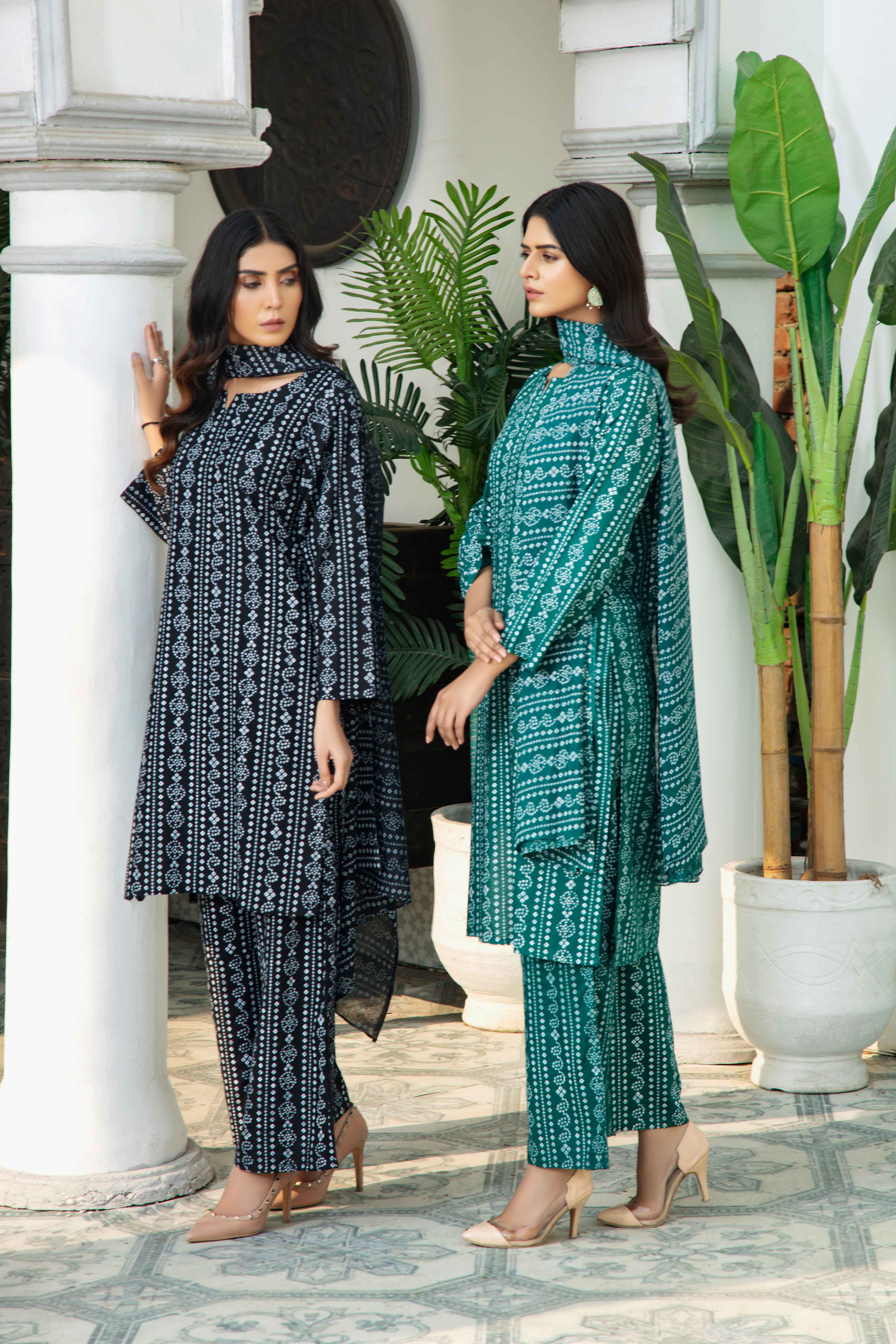 Simrans Chunri Print Navy Palazzo 3 Piece Suit - Desi Posh