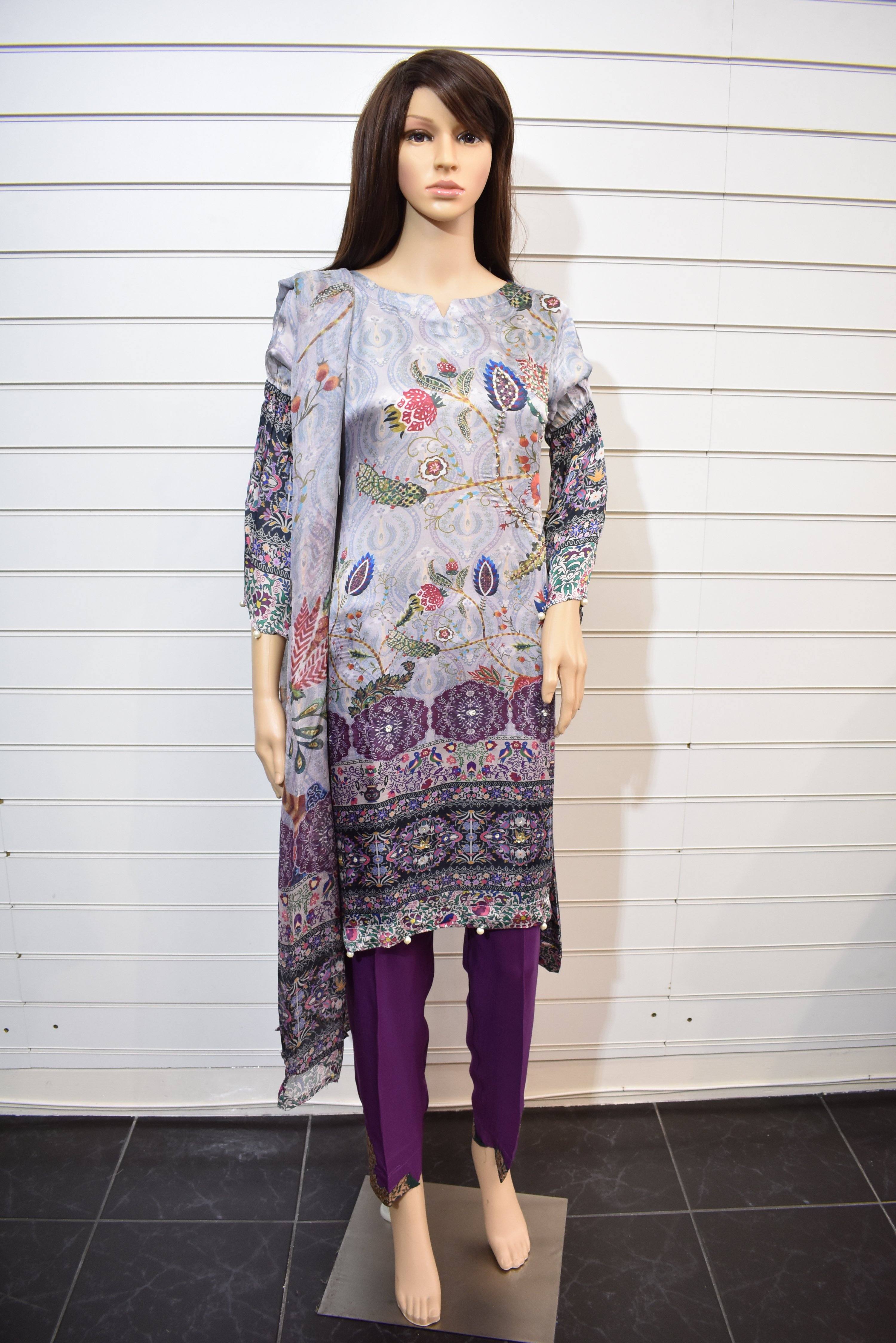 Chamois Silk Digital Print Eid Outfit with Embroidered Capri Trousers - Desi Posh