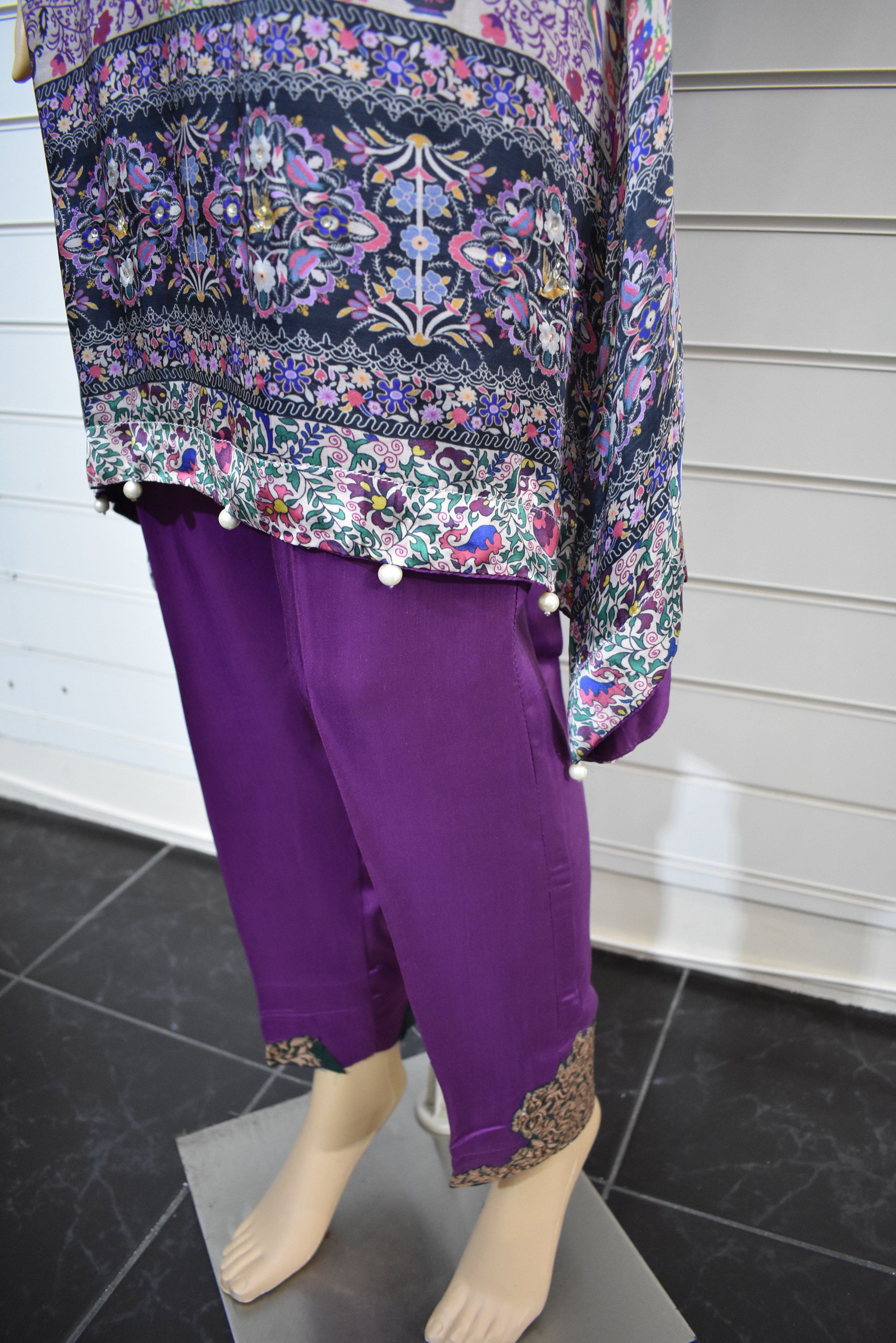 Chamois Silk Digital Print Eid Outfit with Embroidered Capri Trousers - Desi Posh