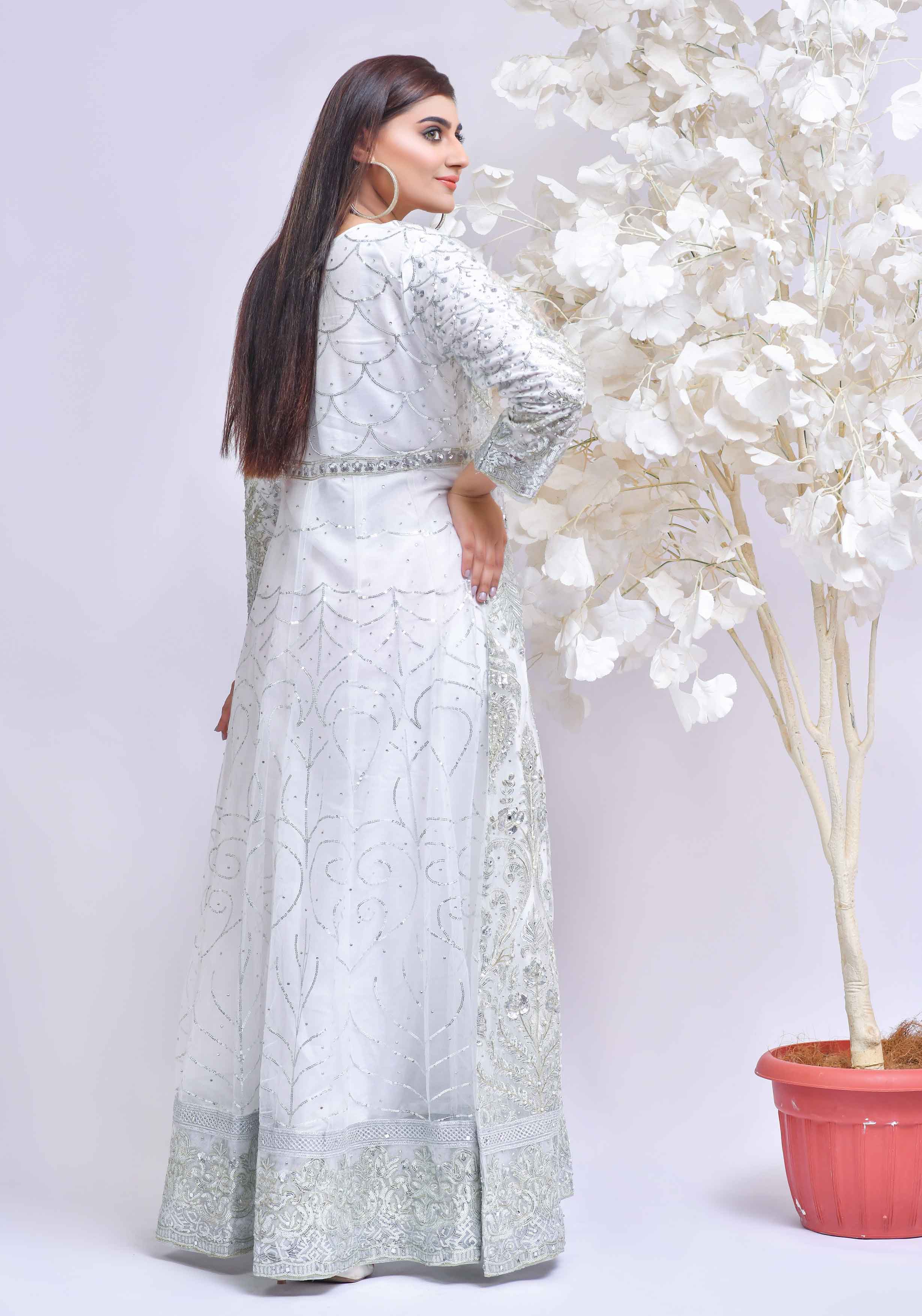 Simrans Designer Formal White Ladies Long Gown Suit - Desi Posh