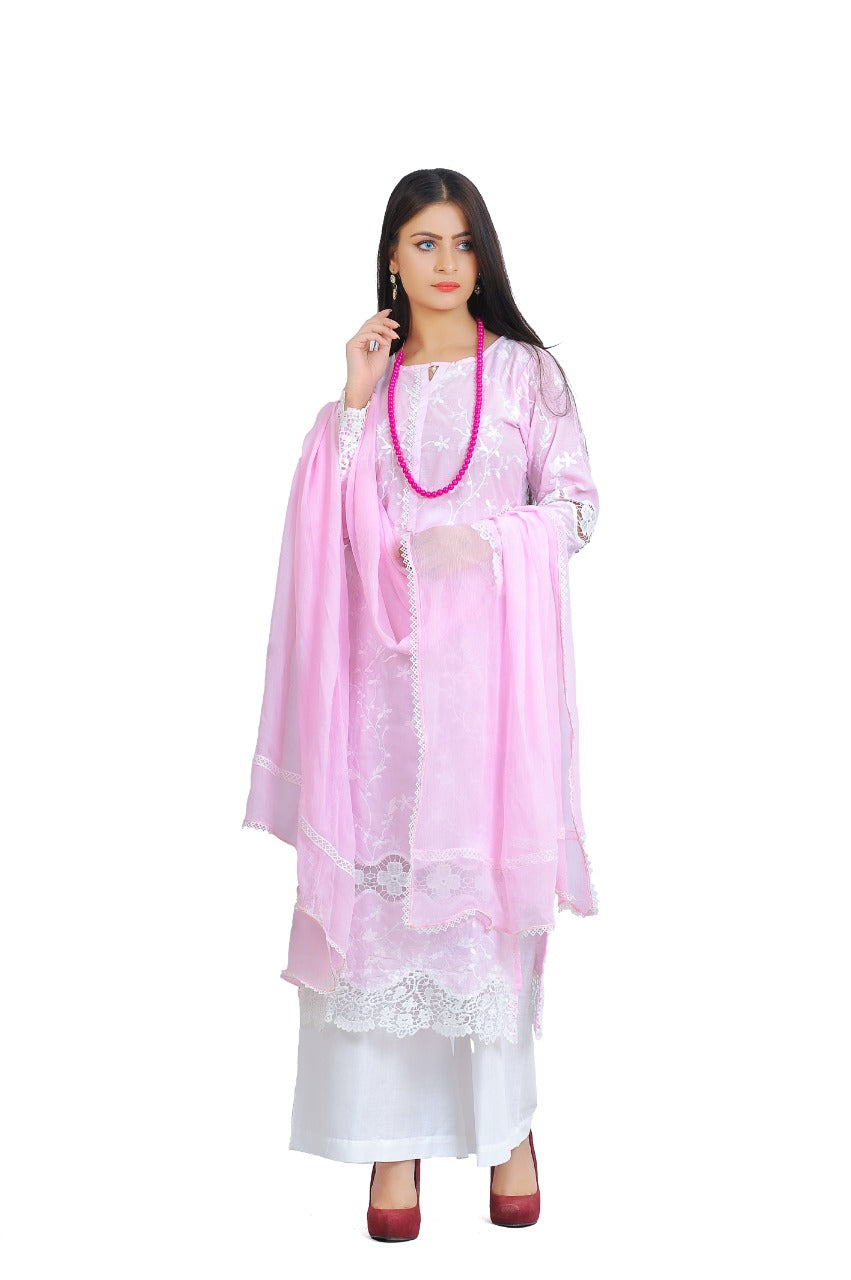 Chikan Kari Readymade 3 Piece Lawn Outfit Pink Palazzo DesiP 