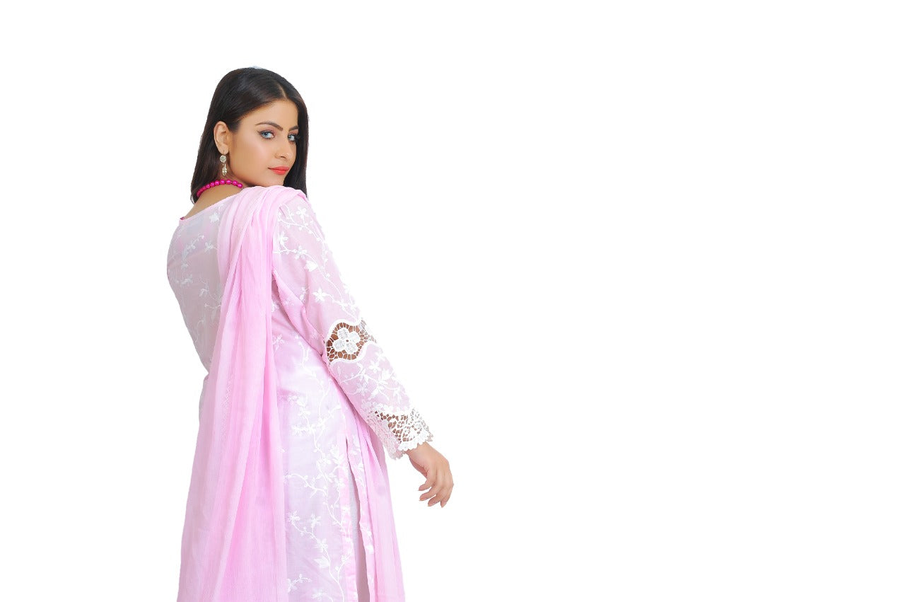 Chikan Kari Readymade 3 Piece Lawn Outfit Pink Palazzo DesiP 