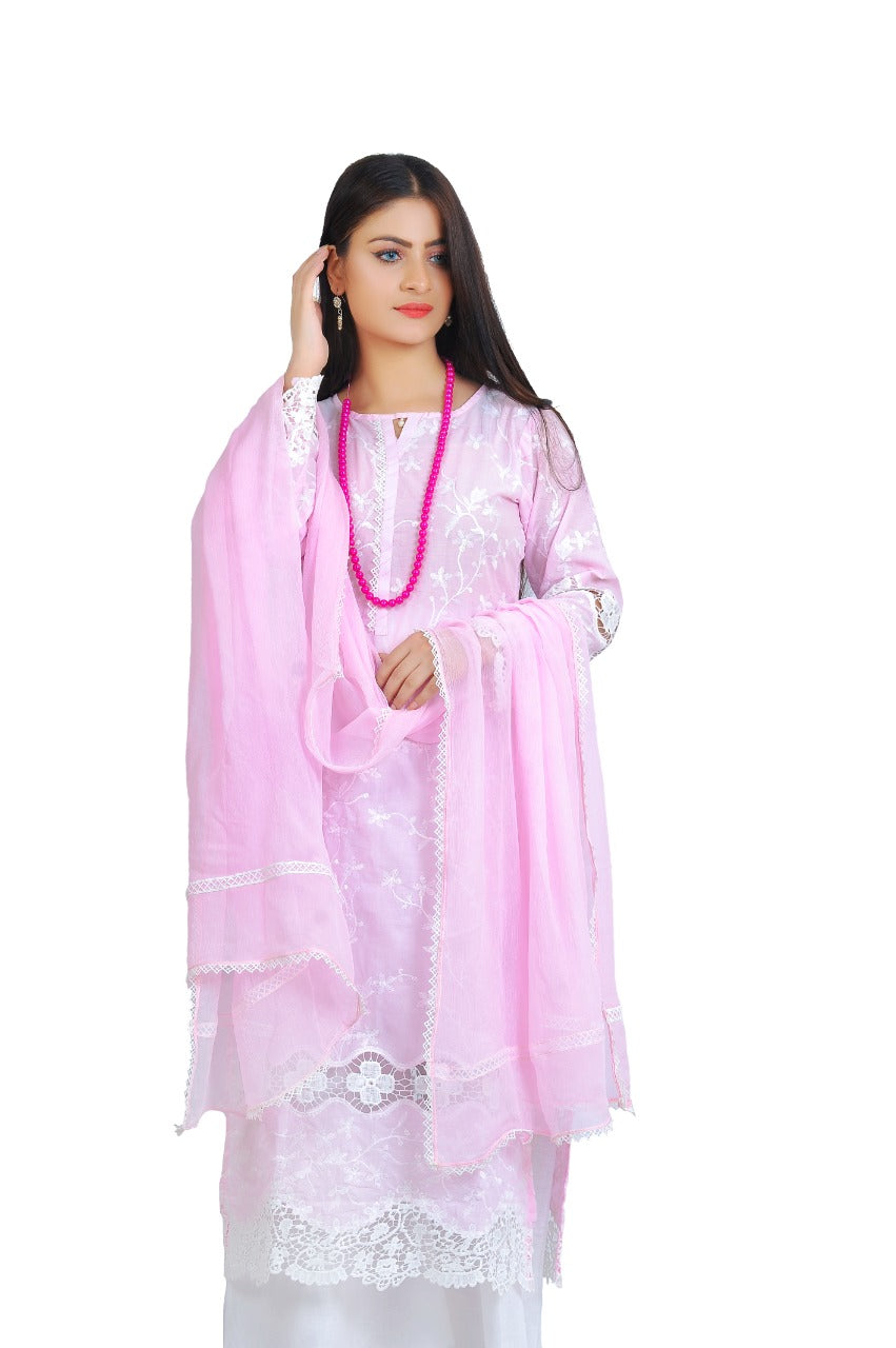 Chikan Kari Readymade 3 Piece Lawn Outfit Pink Palazzo DesiP 