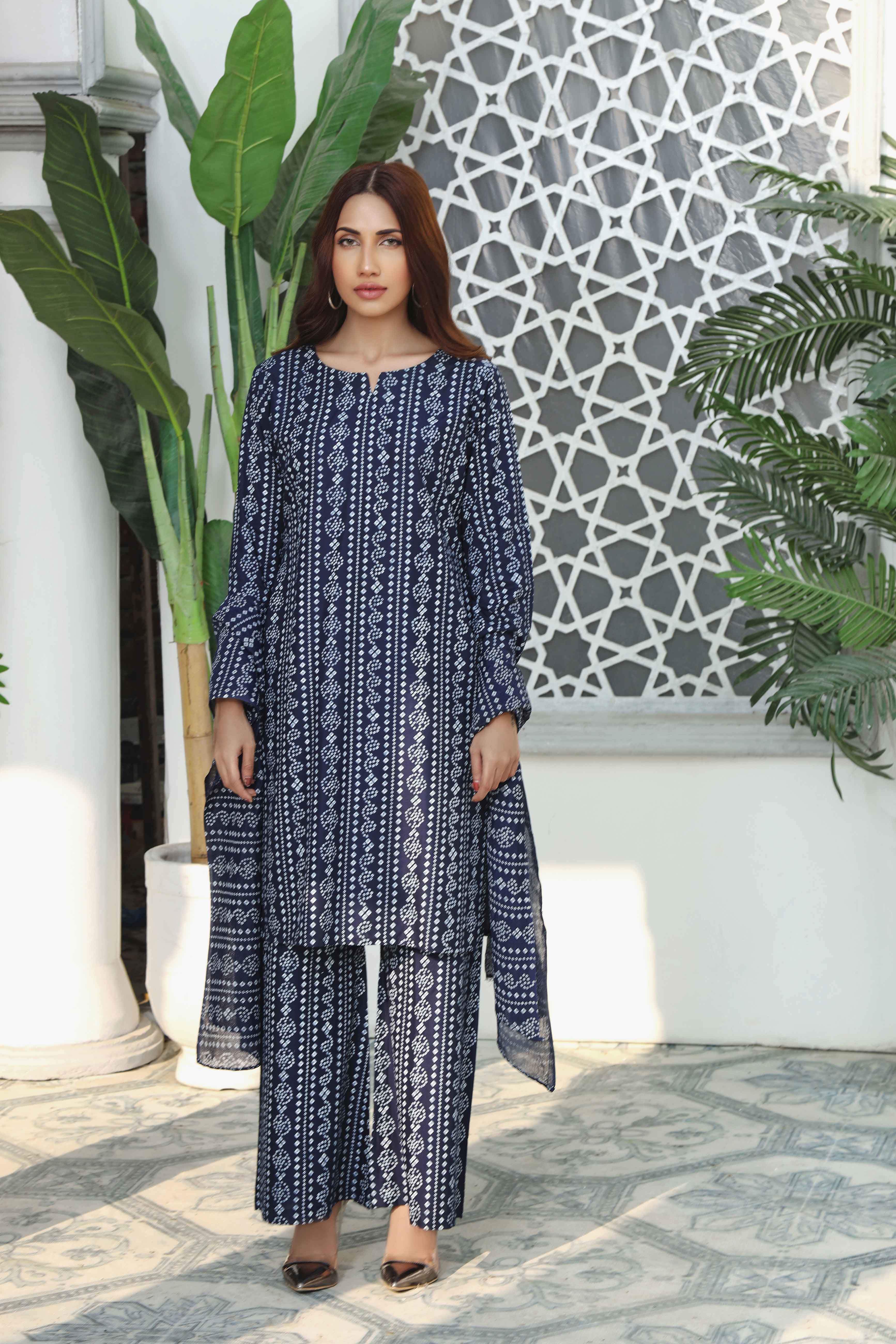 Simrans Chunri Print Navy Palazzo 3 Piece Suit - Desi Posh