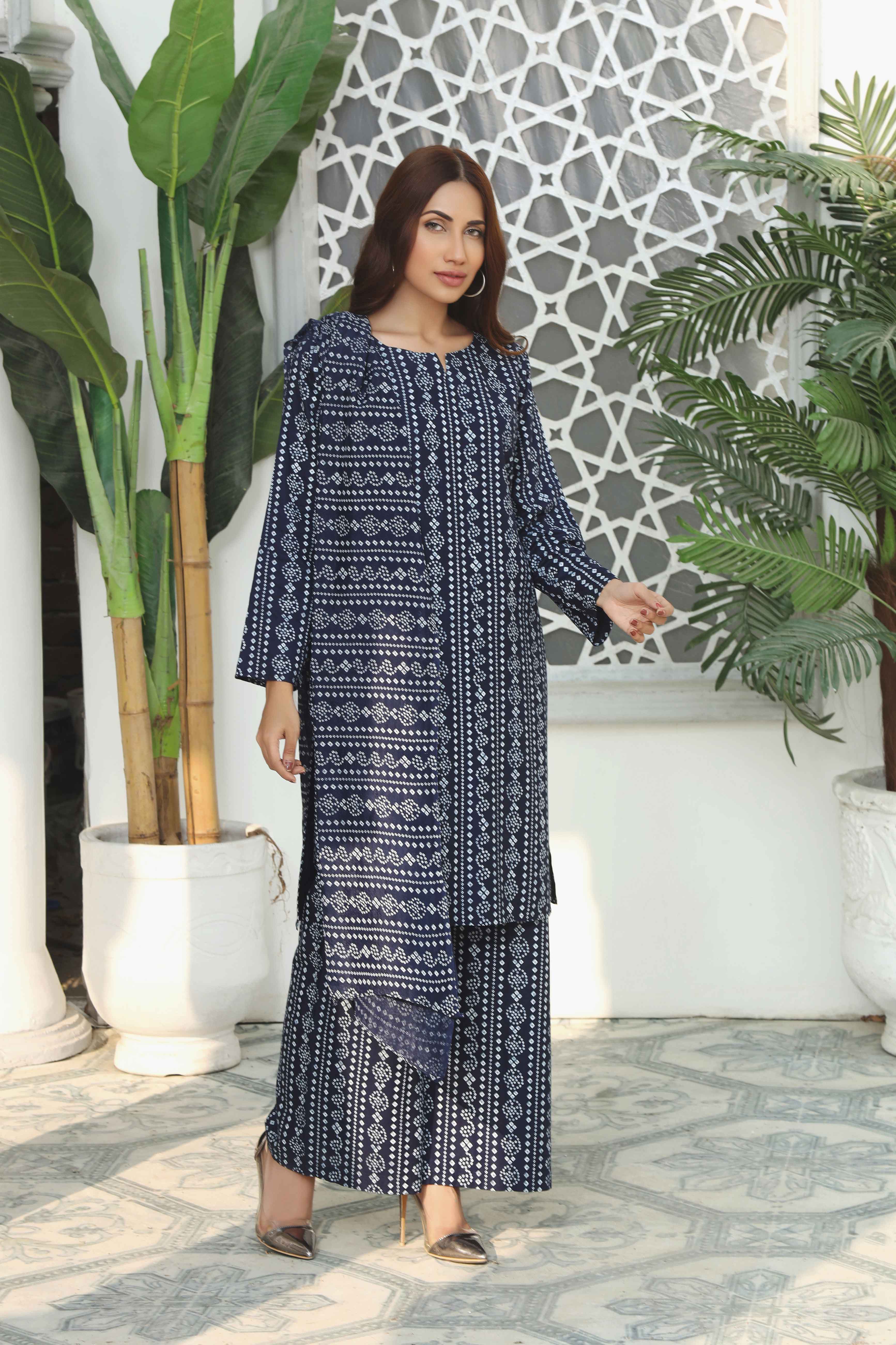 Simrans Chunri Print Navy Palazzo 3 Piece Suit - Desi Posh