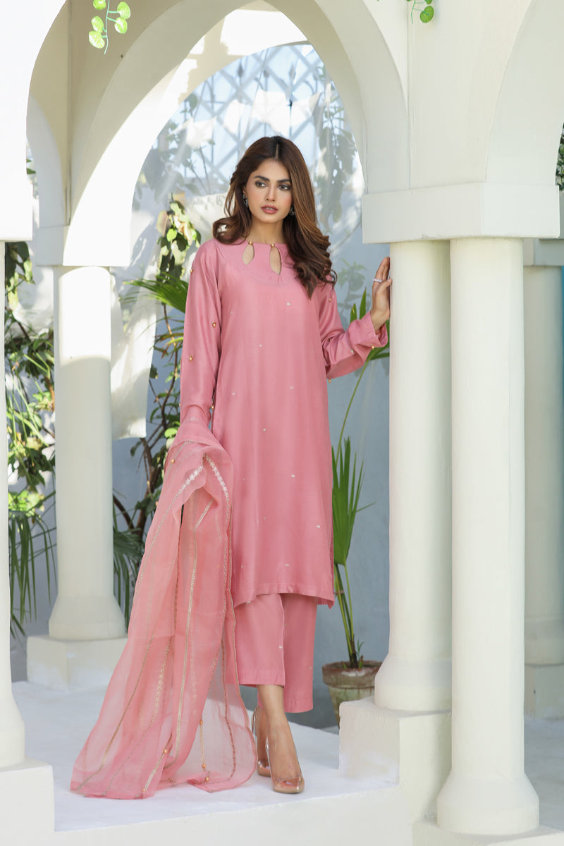 Embroidered 3 Piece Eid Co-ord Set With Net Dupatta Pink - Desi Posh