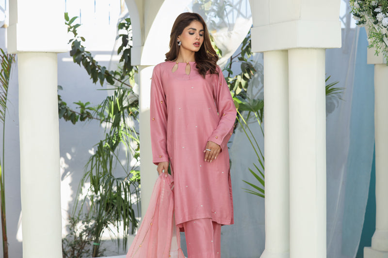 Embroidered 3 Piece Eid Co-ord Set With Net Dupatta Pink - Desi Posh