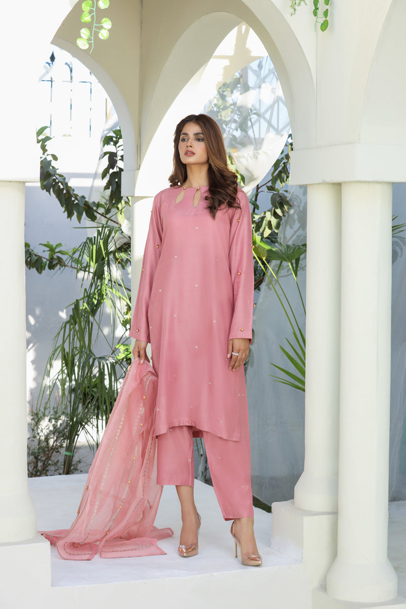 Embroidered 3 Piece Eid Co-ord Set With Net Dupatta Pink - Desi Posh