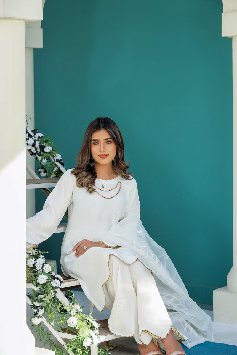 Embroidered 3 Piece Eid Co-ord Set With Net Dupatta White - Desi Posh