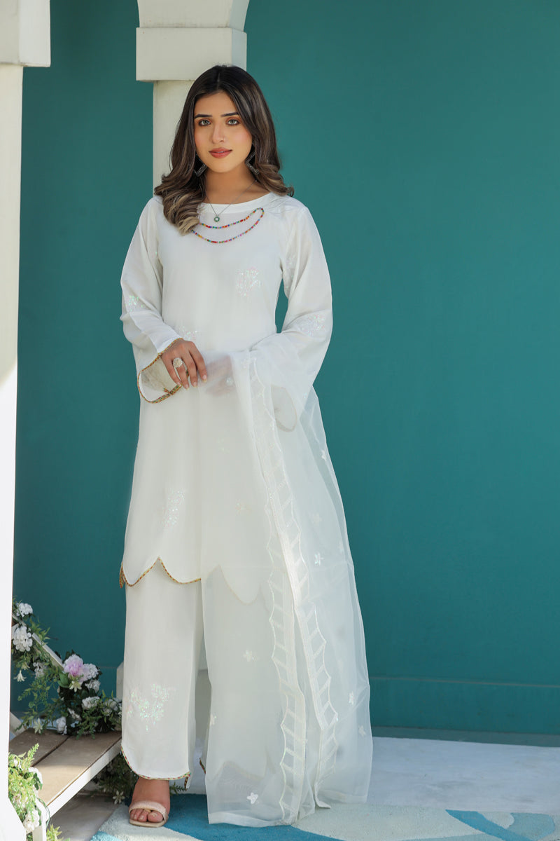 Embroidered 3 Piece Eid Co-ord Set With Net Dupatta White - Desi Posh