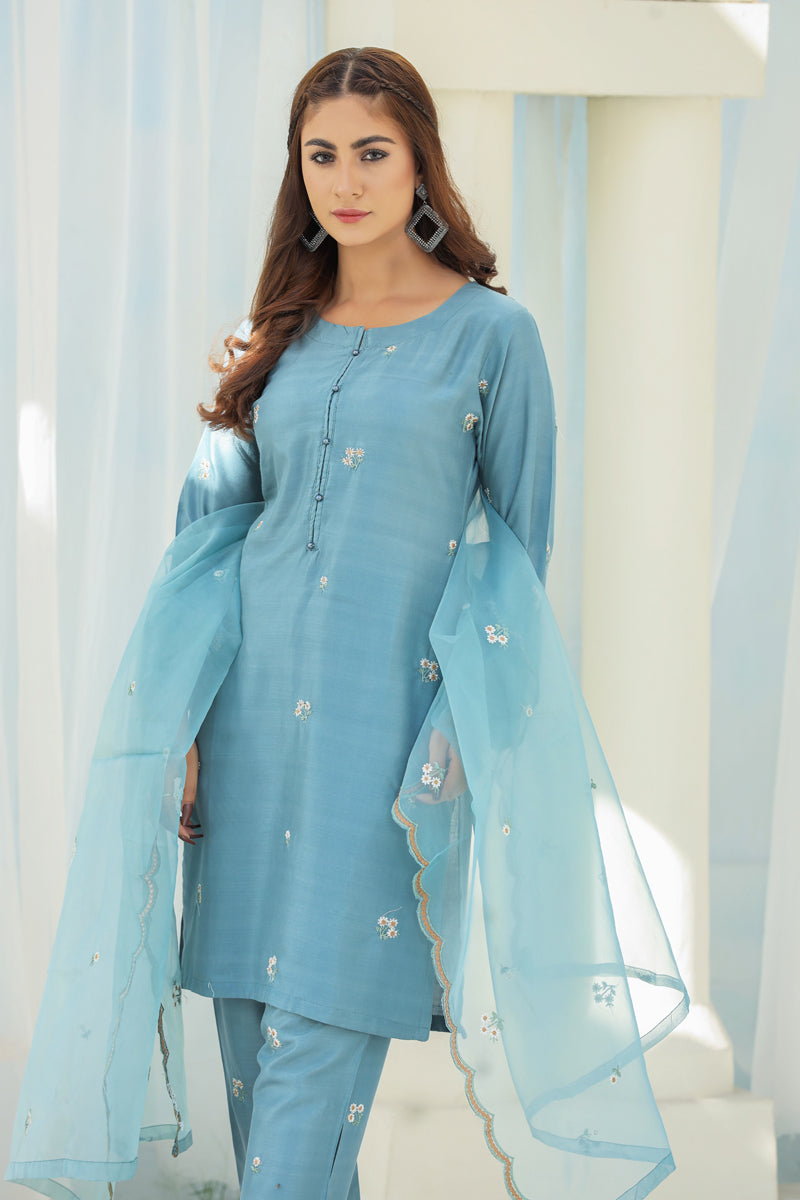 Embroidered 3 Piece Eid Co-ord Set With Net Dupatta Sage Green - Desi Posh