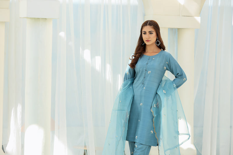 Embroidered 3 Piece Eid Co-ord Set With Net Dupatta Sage Green - Desi Posh