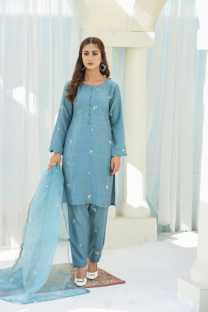 Embroidered 3 Piece Eid Co-ord Set With Net Dupatta Sage Green - Desi Posh