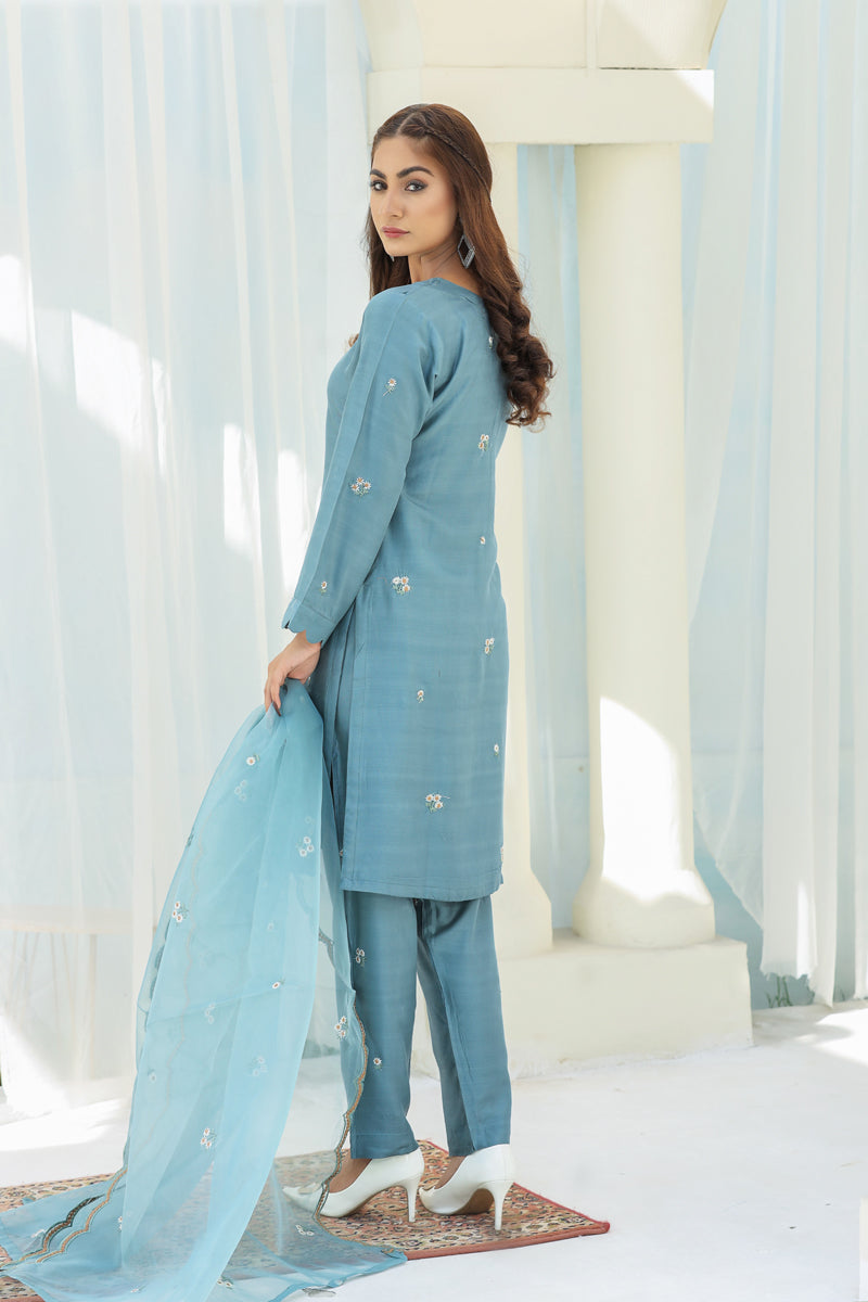 Embroidered 3 Piece Eid Co-ord Set With Net Dupatta Sage Green - Desi Posh
