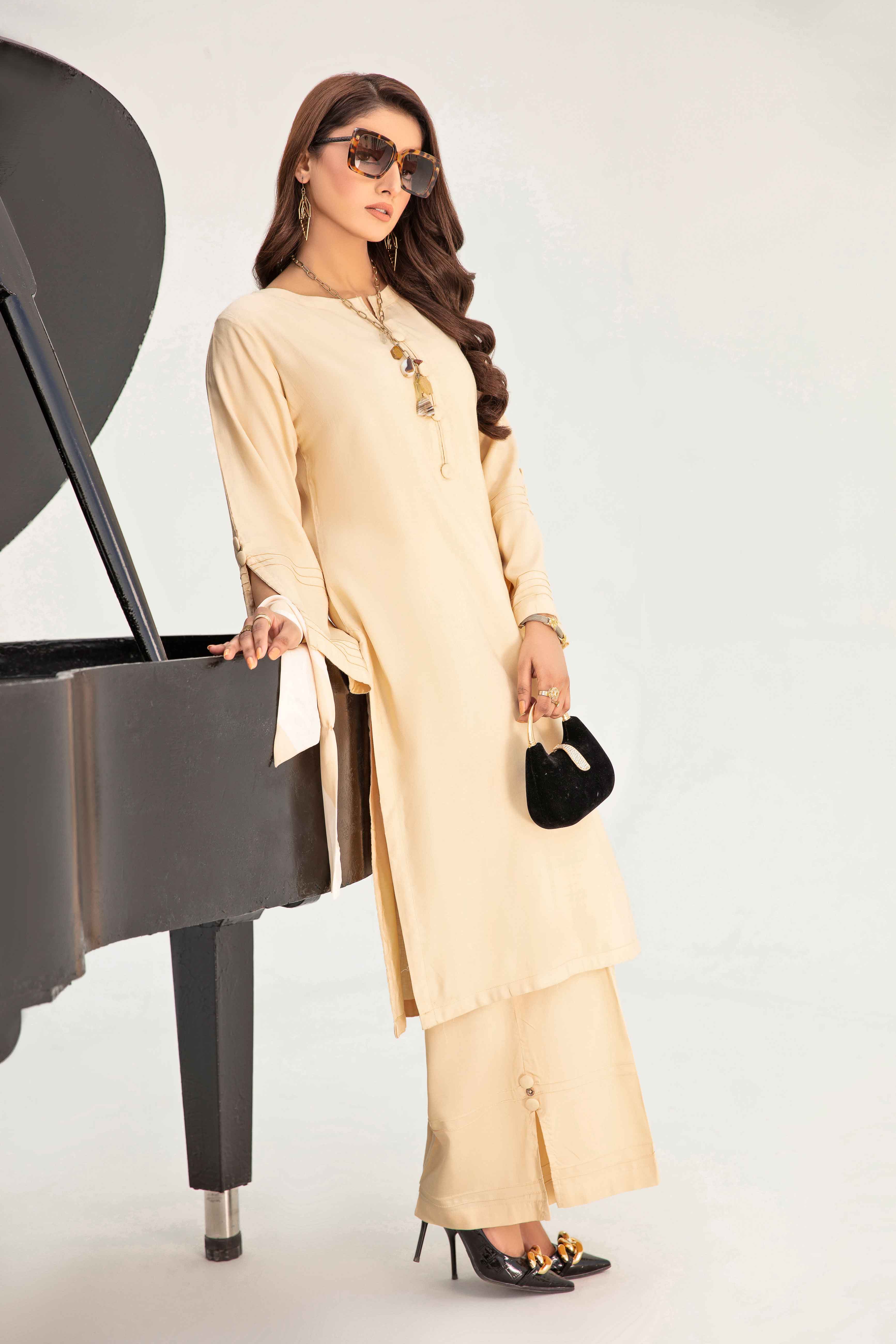 Spring Linen 3 Piece Co-ord Set in Cream With Neck tie Scarf - Desi Posh