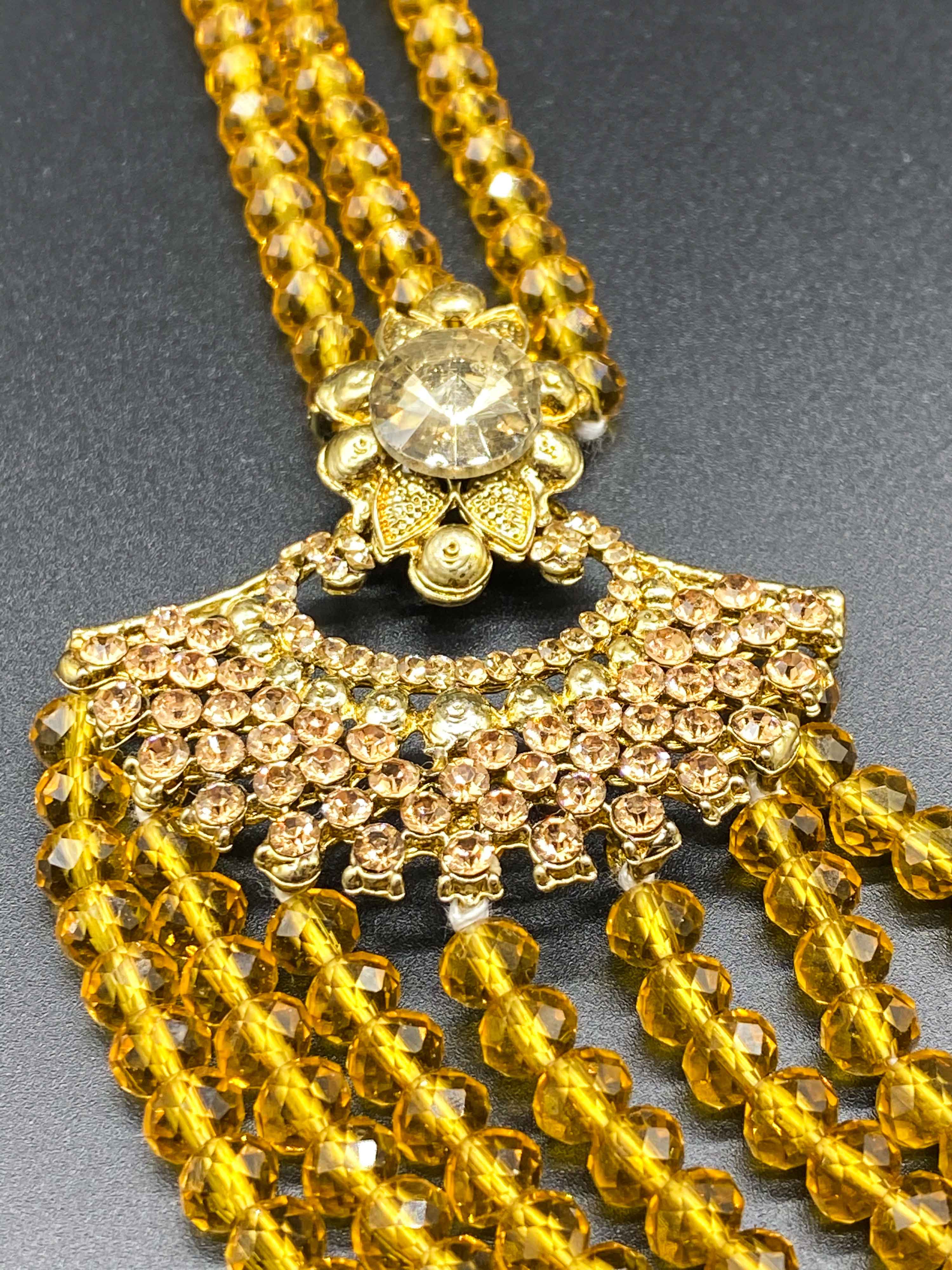 Crystal Haar Indian Necklace set with Tikka and Earrings Gold - Desi Posh