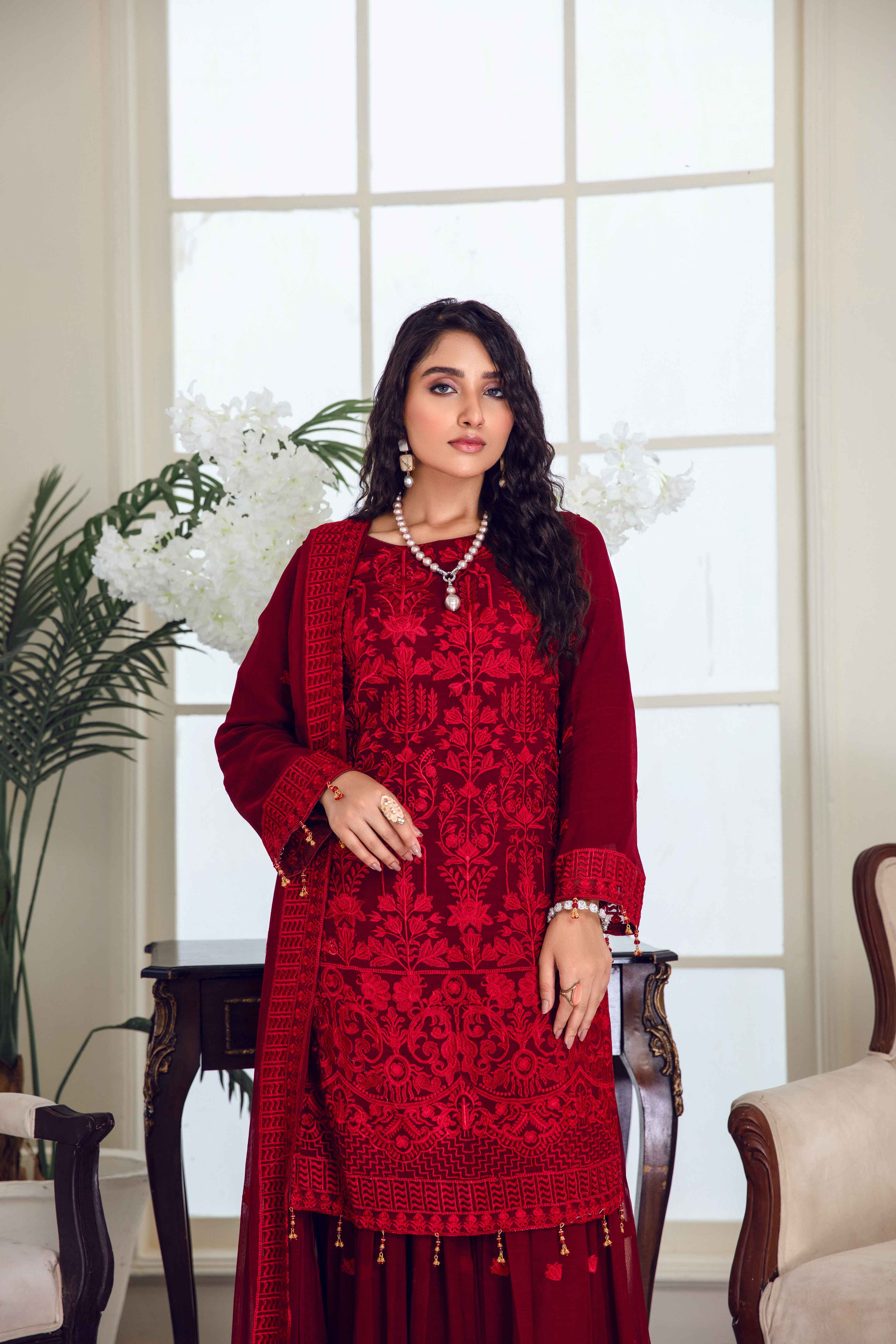 Simrans Eid Chiffon Maroon 3 Piece Formal Sharara Outfit - Desi Posh