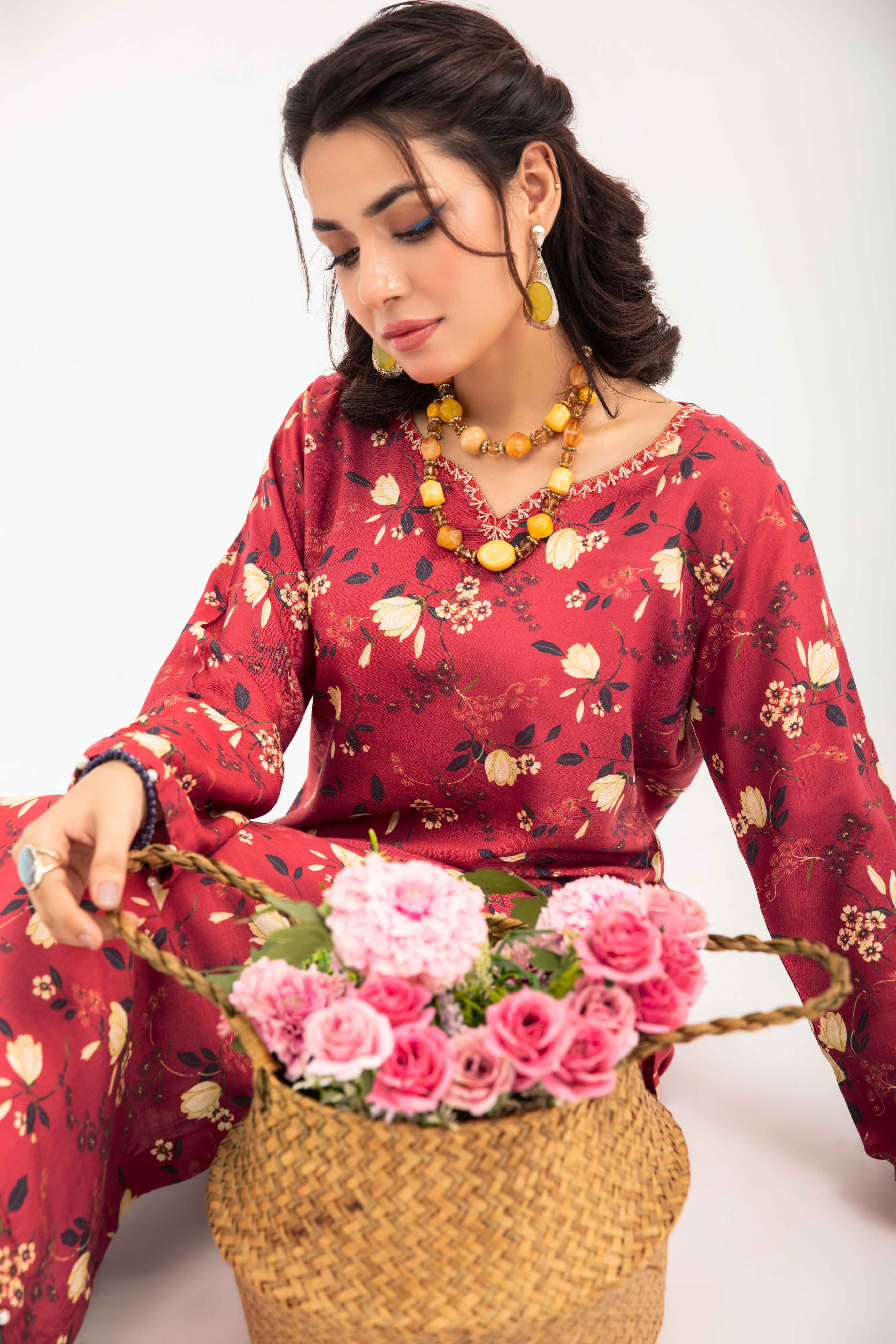 Desi Posh Floral Print on Print Linen Suit MAL02 DesiP 