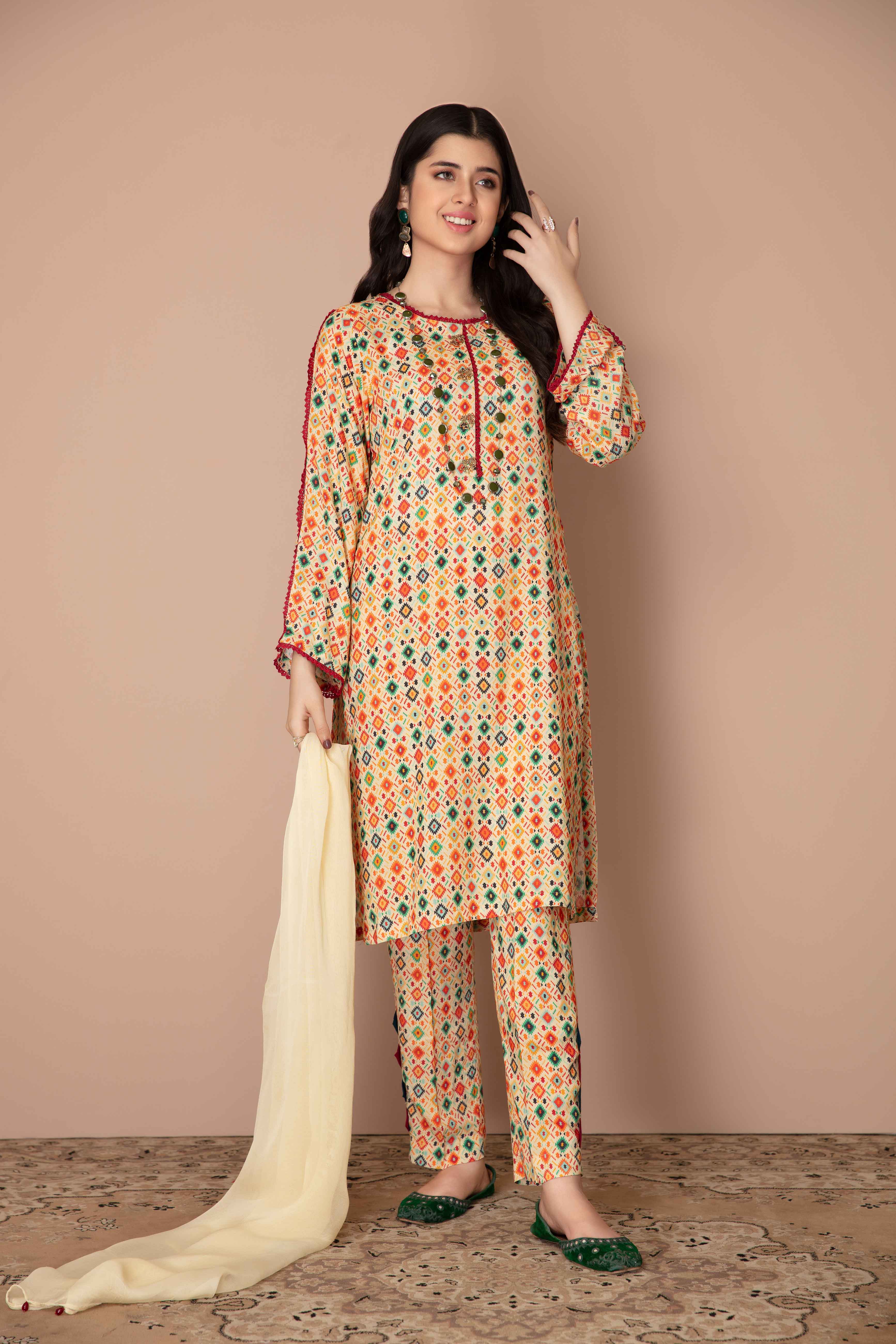Desi Posh Floral Print on Print Linen Suit PML01 DesiP 