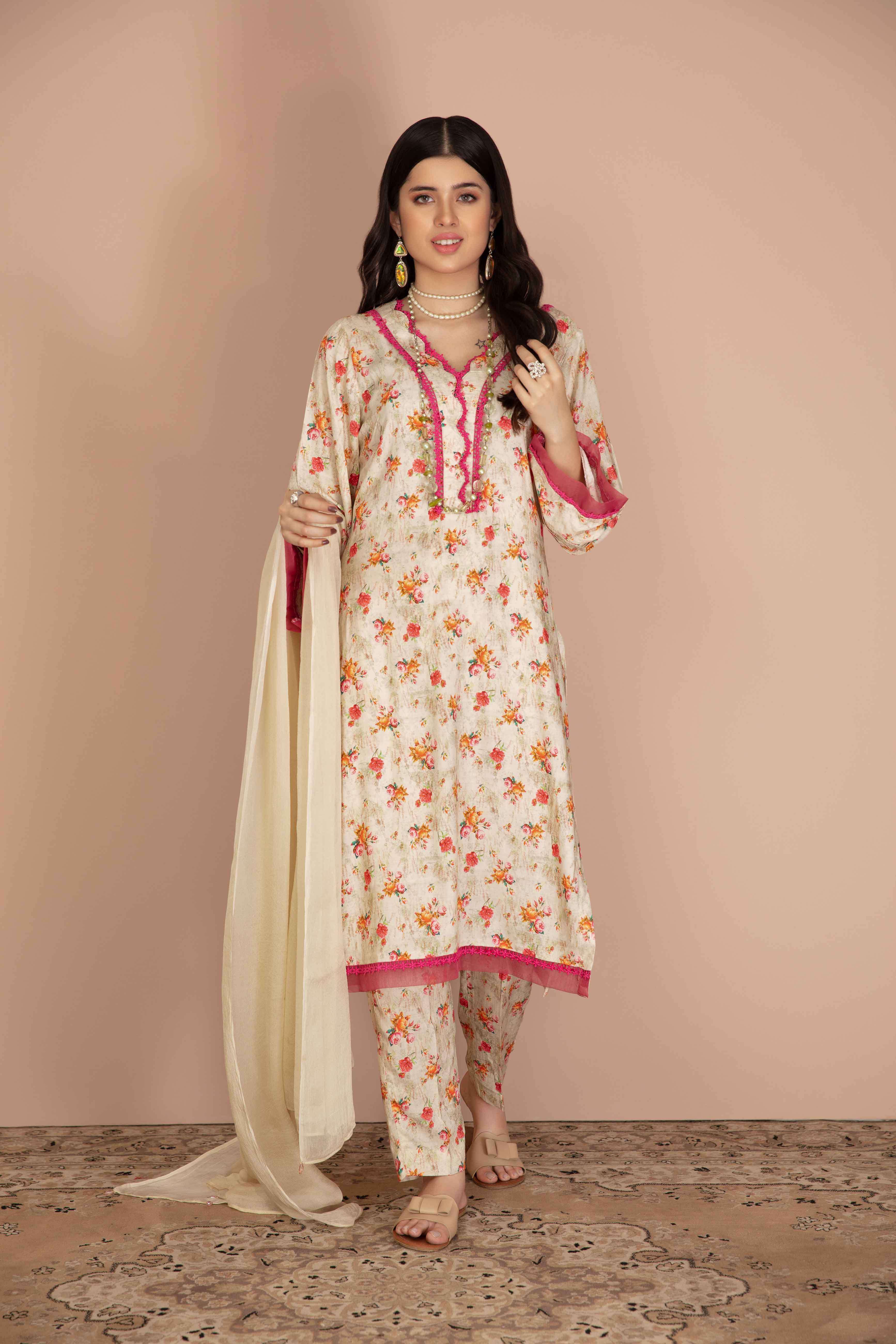 Desi Posh Floral Print on Print Linen Suit PML03 DesiP 