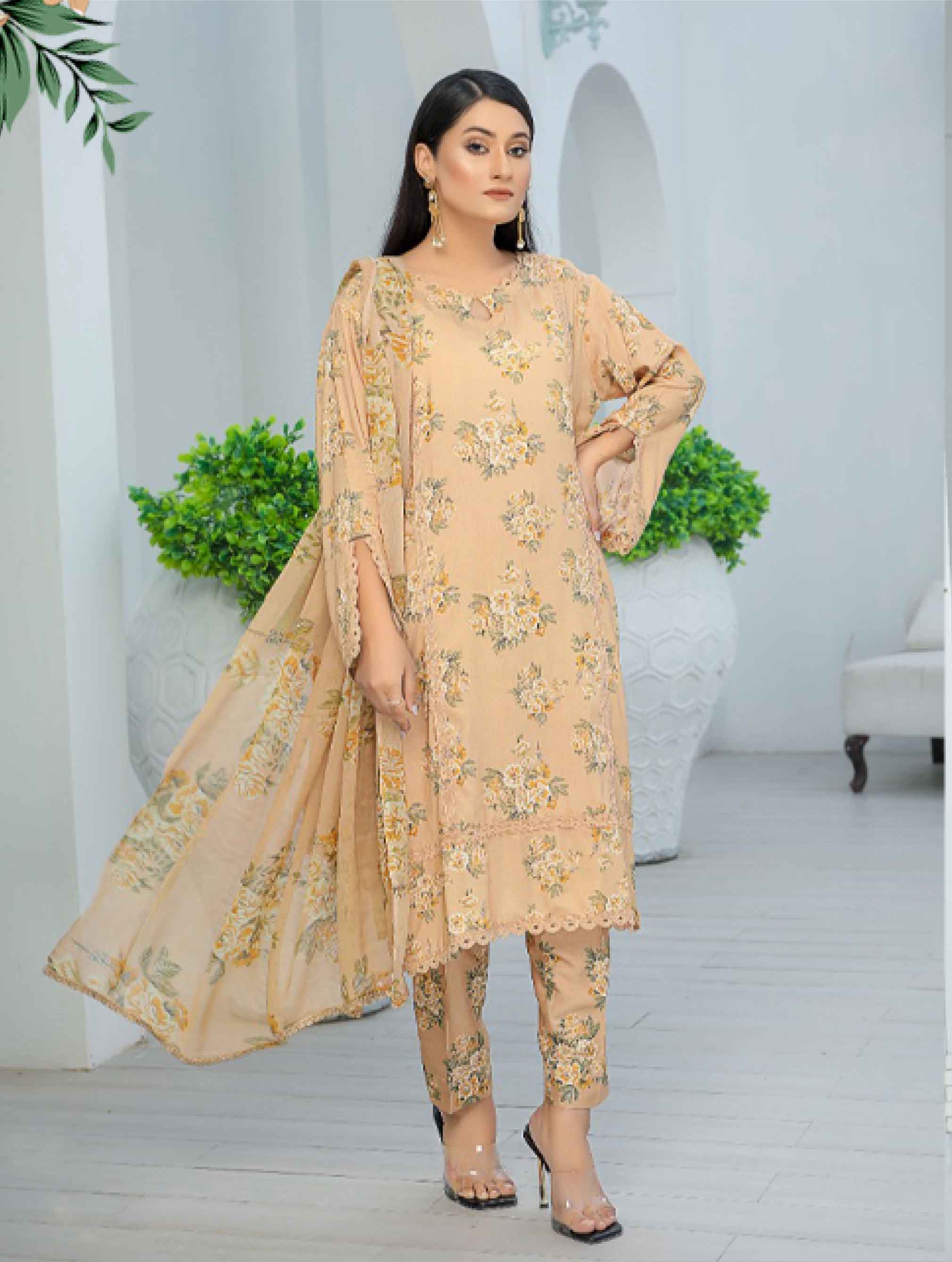 Desi Posh Floral Printed 3 Piece Linen suit D1